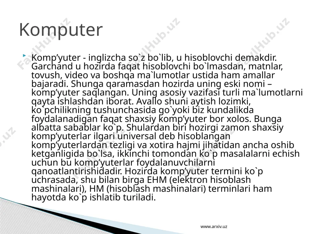 nq1 gacha nomerlanadi, bu erda n - emd dagi klasterlarning to`liq soni), har bir klaster uchun jadvalda uning belgisini o`n oltilik kodi ko`rsatiladi: ff7 - nuqsonli klaster, 002-ffo - fayllar bilan ishlatiladigan klasterlar, fff - klaster faylning oxirgi qismini o`z ichiga oladi, 000 - bo`sh klaster, ff8-ffe - yo fayl oxiri (kam holda), yoki bo`sh. disketada bor bo`lgan har bir fayl uchun katalogda (tizimli soxaning 3-zonasi) uning boshlang`ich klasterining nomeri ko`rsatiladi, bu boshlang`ich va keyingi klasterlarda fat da mos ravishda faylning keyingi klasterlari va shu tartibda oxirisigacha ko`rsatilib, bunda fff kodi (kamroq ff8-ffe kodi) ko`rsatiladi. www.arxiv.uz fayllarni joylashtirish jadvali juda muhimdir, negaki uningsiz diskda faylni ketma-ket o`qish mumkin bo`lmay qoladi (ayniqsa, agar fayl klasterlari satrlab emas, balki boshqa fayllar bilan band bo`lgan oraliqlarga yozilgan bo`lsa). shu sababli ishonchlilik uchun fat takror yozib quyiladi. fayl diskdan o`chirilgan paytda uning hamma klasterlari bo`sh kabi belgilab chiqiladi, lekin faylning o`zini qiymatlari o`chirilmaydi (faqat …