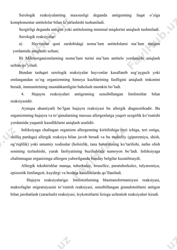 . asosiy adabiyotlar 1. вербицкий а.а., алешкевич в.н и др. микробиология и иммунология. учебное пособие минск-2019. 2. salimov x. va boshqalar. epizootologiya. darslik. toshkent, 2016 yil. xorijiy adabiyotlar 1. fenner’s. veterinary virology (united states of america 2016 year). 2. m.jackson veterinary clinical pathology. america 2010 year. qo’shimcha adabiyotlar 1. mirziyoyev sh.m. erkin va farovon demokratik o’zbekiston davlatini birgalikda barpo etamiz. toshkent, “o’zbekiston” nmiu, 2017. – 29 b. 2. mirziyoyev sh.m. qonun ustuvorligi va inson manfaatlarini ta’minlash yurt taraqqiyoti va xalq farovonligining garovi.“o’zbekiston” nmiu, 2017.– 47 b. 3. bazarov x.k., abdulakimova a.b. veterinariya virusologiyasidan o’quv qo’llanma. samarqand 2016 y. 4. самуйленко а.я., “инфекционная патология животных” том 1 москва 2009. 5. петров р.в. иммунология. учебник. москва 1983 й internet saytlari: 1. www.ziyo.net.uz. 2. www.vetjurnal.uz 3. www.sea@mail.net21 4. www.veterinariy.actavis 5. www.fvat@.academy.uzsci.net