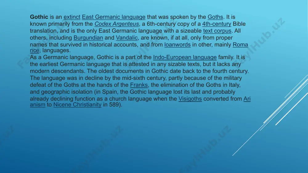 of commentary on the gospel of john. very few medieval secondary sources make reference to the gothic language after about 800. in de incrementis ecclesiae christianae (840–842), walafrid strabo, a frankish monk who lived in swabia, writes of a group of monks who reported that even then certain peoples in scythia (dobruja), especially around tomis, spoke a sermo theotiscus ('germanic language'), the language of the gothic translation of the bible, and that they used such a liturgy.[11] many writers of the medieval texts that mention the goths used the word goths to mean any germanic people in eastern europe (such as the varangians), many of whom certainly did not use the gothic language as known from the gothic bible. some writers even referred to slavic-speaking people as "goths". however, it is clear from ulfilas' translation that – despite some puzzles – the gothic language belongs with the germanic language-group, not …