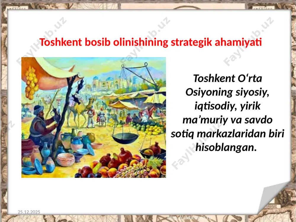 9.08.2020 11 himoyachilarning yagona harbiy boshliqsiz qolishi istilochilarning qo‘li ustun kelishiga olib keldi. toshkent himoyasiga buxoro amirligidan kechikib yetib kelgan qo‘ shinshinlari kamolon darvozasi yonidan devorni buzib shaharga kirdi. 19.08.2020 12 ularga toshkentlik sarbozlar va aholi shaharning har bir mahalla ko‘chasida tashkil qilingan to‘siqlarda qattiq qarshilik ko‘rsatdi. kamolon darvozasi tomonga chekingan m. chernyayev qo‘shinlari ertalab yana jangga o‘tishdi. shahar yong‘in ichida qoldi. suv yo‘llarining to‘sib qo‘yilganligi yong‘inlarni o‘z vaqtida o‘chirish imkonini bermadi. 19.08.2020 13 harbiy istilochilik yurishlari natijasida bosib olingan hududlarda turkiston viloyati tuzilib, unga harbiy qo‘shin qo‘mondoni, general-mayor m. chernyayev gubernator qilib tayinlandi. 19.08.2020 14 1865-yil 6-avgustda qabul qilingan «turkiston viloyatini boshqarish to‘g‘risidagi muvaqqat nizom»ga muvofiq viloyatda harbiylashtirilgan boshqaruv tartiblari o‘rnatildi. 19.08.2020 15 image2.jpg image3.jpg image4.jpeg image5.jpeg image6.jpeg image7.jpeg image8.jpeg image9.jpeg image10.jpg image11.jpeg image12.jpeg image13.jpeg image14.jpeg image15.jpeg image16.jpg image1.jpeg /docprops/thumbnail.jpeg