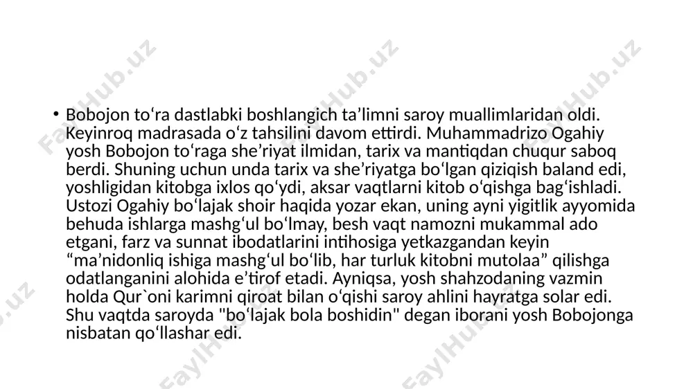 ahodatnomasini ham feruzning shaxsan o‘zi taqdim qilgan. har bir masalada talabchan bo‘lgan muhammad rahimxon soniy xalq maqomlarini buzib ijro etganlarni jazolagan, bu borada maxsus farmon ham qabul qilgan. shu bilan birga, devonzoda xarratov va bekjon rahmonning “xorazm musiqiy tarixchasi” asarida qayd etilishicha, muhammad feruz xivada vaqti–vaqti bilan xorazm ashulachi, sozandalarining ko‘rik-tanlovini o‘tkazib, g‘oliblarni qimmat­­baho sovg‘alar bilan taqdirlab ham borgan. feruz joylarda madrasa va masjidlar qurilishiga, ya’ni maorif sohasiga ham alohida e’tibor bergan. u mahalliy fuqaro bolalaridan ilmli kishilar tayyorlash maqsadida o‘z saroyida maktab ochdi. 1884-yilda ochilgan bu maktabda rus o‘qituvchisi va mirzo rahmonquli qori kabi taniqli ustozlar yoshlarga bilim beradilar. 1887-yilda bu maktabda 11 o‘quvchi ta’lim olib, shulardan 6 tasi feruz hisobidan o‘qiydi. bun­dan tashqari, feruz farmoniga muvofiq 1904-yilning 10-noyabrida urganch­da birinchi yangi usul maktabi ochildi. unda turkiyadan kel­gan husayn qo‘shayev degan muallim yoshlarga ta’lim-tarbiya bera boshlaydi. husayn qo‘shayev 1906-1907-yilda ilg‘or ma’rifatparvar kishilarning orzularini hisobga olib, urganchda qizlar maktabini barpo …