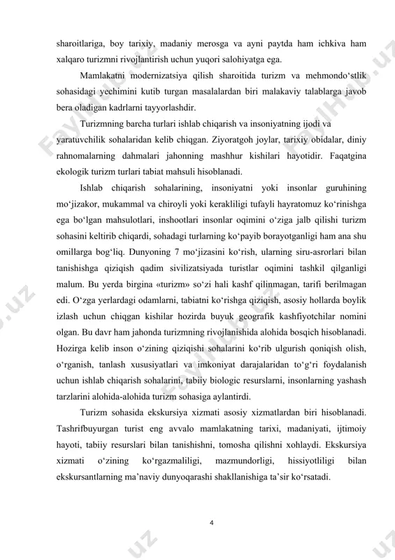 namoyish etish asosiy xususiyatlardir. lekin ko‘rilayotgan narsalar haqida chuqur tahlil, ma’no, tushuncha berilmasa, bu ishtirokchilar uchun faqatgina diqqatga sazovor joylarni tomosha qilish bo‘ladi. ekskursiyaning mazmuni ham ko‘rilayotgan obektlarga qiziqarli ma’lumotlarni aytib berishdan iborat. gidning ob’ekt haqida aniq faktlar, hodisalar, jarayonlarga asoslanib hikoya qilayotganlari sayyohlar ongida ko‘rayotganlari bilan bog‘lanib umumlashadi. shu tariqa gid sayyohlarga ob’ektlarni to‘g‘ri ko‘rishni o‘rgatadi. bu jarayonda ekskursiyaning asosiy tarkibiy qismi bo‘lgan atrof-muhitni emotsional qabul qilish katta rol o‘ynaydi. gid sayyohlarni nafaqat eshitish va ko‘rishga, balki voqea hodisalarni his etishga majburlashi kerak. ko‘rgan va eshitganlar sayyohlarga javob hissiyotini uyg‘otish zarur (hayrat, quvonch, g‘urur). ekskursiya—bu nafaqat vaqt o‘tkazish, balki jismoniy va ruhiy kuch sarflashni talab qiluvchi, bo‘sh yoki o‘qish vaqtidagi intellectual faoliyatidir. ekskursiya o‘zining ko‘rgazmaliligi, daromadliligi, hissiyotliligi bilan insonlarning ruhiy qiyofasi shakllanishiga ta’sir ko‘rsatadi. b.v.yemelyanov ekskursiyaning qo‘yidagi 6 ta xususiyatlarini ajratgan: - vaqt davomiyligi (2 soatdan 1 kungacha); - sayyohlar guruhining mavjudligi (10-15 kishi); - malakali mutahassis - gidning …