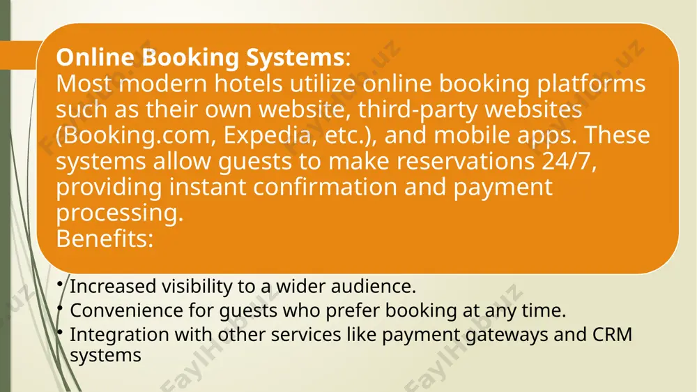 s. benefit: more attractive to potential guests. key influencing factors pricing: dynamic pricing based on demand, season, and events. location: proximity to attractions or business areas. amenities: additional features like wi-fi, breakfast, and parking. benefits of an efficient reservation system real-time availability: prevents overbooking and ensures smooth operations. customer satisfaction: automated confirmations and reminders improve guest experience. revenue management: optimizes pricing and increases profitability. /docprops/thumbnail.jpeg