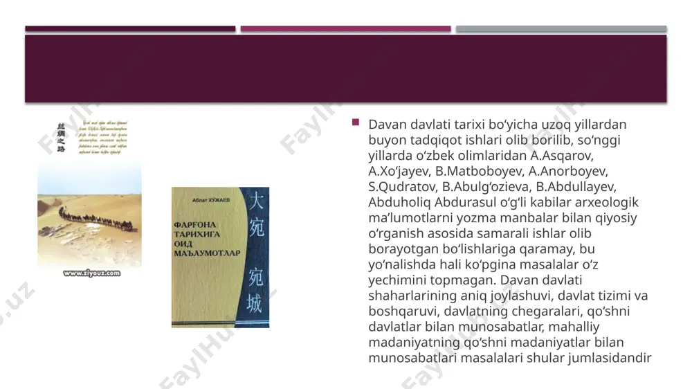 da qattiq qarshilikka uchraydilar. undan tashqari, o‘zgandda katta talofat ko‘rgan xitoy qo‘shinlari, qang‘lilardan yordam kelayotganini eshitgach imperator qo‘shinlari davanliklardan 3 mingta «samoviy tulpor»ni olib xitoyga qaytishga majbur bo‘ladilar. shunday qilib davan davlati xitoyliklardan o‘z mustaqilligini saqlab qolishga muvaffaq bo‘lgan. davan davlati ma’lum bir siyosiy uyushmani tashkil etgan bo‘lib, davlatni boshqaruvchi hukmdor manbalarda «van» (podsho) unvoni bilan ish yuritgani eslatiladi. manbalarda «van» unvoniga ega bo‘lgan motsay, chan fin, mug‘ua, yan’lyu kabi hukmdorlarning nomlari saqlanib qolgan. yagona hukmdor bo‘lgan podsho, ya’ni, «van» davlat ahamiyatiga molik bo‘lgan ishlarni oqsoqollar kengashiga suyangan holda olib borgan. manbalarning ma’lumot berishicha, podshoga yaqin kishilar (odatda uning qarindoshlari) orasidan yordamchilar - bitta katta yordamchi (fu van) va bitta kichik yordamchi (fu-go-van), tayinlangan. davlat hukmdori yoki podsho mamlakatning siyosiy va diniy hayotida katta ahamiyatga ega bo‘lgan. bu jarayonda oqsoqollar kengashining ham ahamiyati kam bo‘lmagan. oqsoqollar urush va sulh tuzish masalalarini hal etishda ishtirok etganlar, ba’zan ular hukmdorning taqdirini ham …