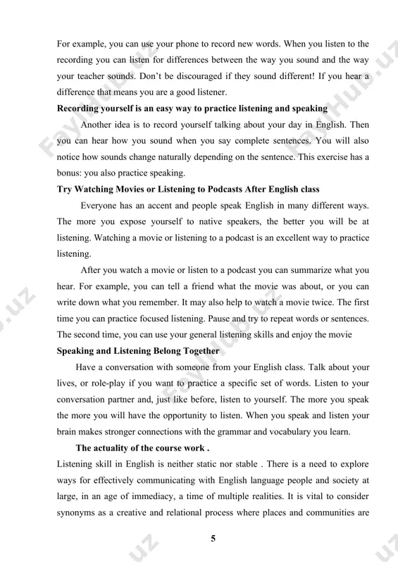 s within different cultures . 3. bring examples and with information. the object and subject of the course work . the object of the work is a complete information about english listening skill values and connections the subjects of the work are focused on the information about the communication between people. the theoretical and practical significance of the work. the hypothetical esteem comprises in uncovering the reality that how the social legacy esteem had changed all through a long time. the viable esteem of the course work incorporates managing with the diverse sorts of communication inside diverse societies . the general structure of the work consists of introduction, two chapters, conclusion references. chapter i general information about teaching listening 1.1 common analysis listening skill of in english language listening comprehension is one of the important skills for learning a foreign language. among four basic skills in language leaning, many researchers …