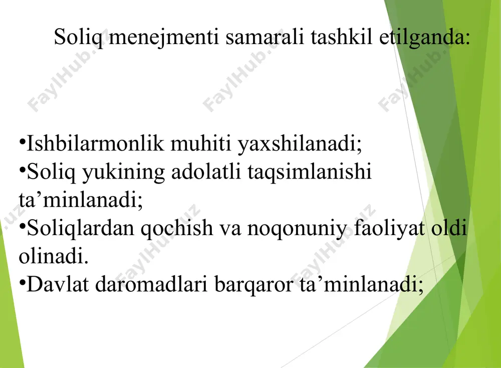 ch yil muddatga berilishi mumkin. korporativ soliq menejmentida imtiyozlardan samarali foydalanish quyidagi yo‘nalishlarda amalga oshiriladi: hududiy va sohaga oid imtiyozlardan foydalanish amortizatsiya va investitsion chegirmalar ijtimoiy va ekologik rag‘batlar transfert narxlash va xalqaro soliq strategiyalari эътиборингиз учун рахмат!