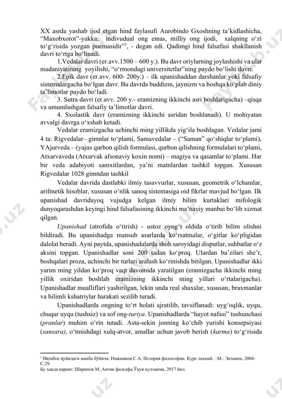 aklari vujudga kela boshlaydi. mifologik davr nihoyasiga etdi, ratsional idrok davri shakllandi, xozirgacha mavjud bo‘lgan asosiy tushuncha va tasniflar ishlab chiqildi. buddaviylik din va falsafani birlashtiruvchi umumiy qarashlarni ilgari surdi. xitoyda falsafa maktablari rivojlandi. eronda zardo‘shtiylik mifologik – falsafiy ta’limoti davlat dini darajasida qabul qilindi va qonunlashtirildi. hindistonda veda ta’limotining yangi falsafiy maktablar yaratish davri boshlandi, upanishadalar paydo bo‘ldi. diniy-afsonaviy tasavvurlar bilan bir qatorda, boshqa bir ma’naviy zamin tajribaviy bilimlar va ilm-fan kurtaklari (riyoziyot, astronomiya, tabobat, yer ishlari haqidagi bilimlar, metallurgiya, jug‘rofiya) va bu bosqich doirasida shakllanayotgan tahliliy tafakkur edi. bunday burulish davriga ijtimoiy va u bilan mutanosib rivojlangan gnoseologik omillar sabab bo‘ldi. chunki bu davrga qadar qadimgi hind va xitoy fani xam ko‘plab yutuqlarni qo‘lga kiritgan edi. hindistonda noldan foydalanib o‘nlik sanoq tizimi yaratilishi bilan algebra rivojlana boshladi («son», «tub son», «sinus» kabi atamalar hindistonda paydo bo‘ldi). o‘lim sababini aniqlash maqsadida murda tanasini anatomik tadqiq qilish tajribalari anatomiya va …