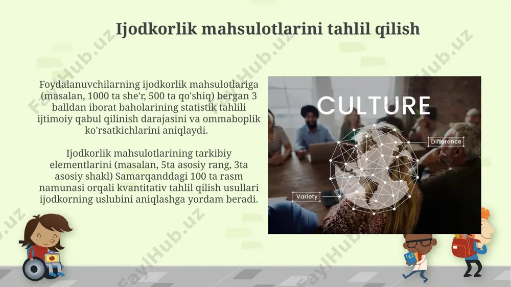 ixometrik usullari kollektiv ijodkorlikni o'rganishda, 2015 yilda toshkent shahrida o'tkazilgan tadqiqotda, 15 nafar talaba ishtirokida guruhli ijodkorlikning samaradorligini baholash uchun "brainstorming" uslubi va miqdoriy tahlil qo'llanilgan, natijalar guruh a'zolari soni bilan ijodkorlik o'rtasidagi munosabatni ko'rsatdi. psixometrik tadqiqotlarda, masalan, guilford tomonidan taklif qilingan divergent thinking test, 100 dan ziyod ishtirokchilar bilan o'tkazilgan tajribalar natijasida, ijodkorlikning miqdoriy ko'rsatkichlarini aniqlashda samaradorligi 85% dan yuqori ekanligi aniqlangan. so'rovnoma va intervyu orqali ijodkorlikni tadqiq qilish интервью жараёнида 20 нафар рассом билан ўтказилган суҳбатлар, уларнинг ижодий ишларига илҳом манбалари, 7 хилдан ортиқ ижодий усуллар ва самарқанд шаҳридаги тажрибалари ҳақида маълумот берди. саволномалар орқали 50 дан ортиқ ижодкор шахснинг тошкент шаҳридаги 3 та турли таълим муассасасида ўтказилган тадқиқот натижалари, уларнинг ижодий жараёнларига бўлган ёндашувларини аниқлашда фойдали бўлди. ijodkorlikni baholashning sifatli usullari ijodkorlikni baholashda torrance ijodkorlik testidan foydalanish, 1966 yilda ishlab chiqilgan bo'lib, 5 yoshdan 20 yoshgacha bo'lgan shaxslarning ijodkorlik darajasini aniqlashda samarali hisoblanadi. psixologik diagnostika markazida qo'llaniladigan …