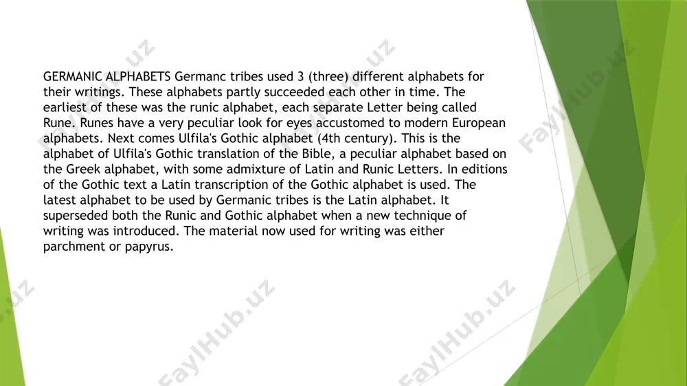 iscoveries ra can be found on the slavonic jewels dated from 10-th c. ad, but it is difficult to say if they were originally russian or scandinavian ones - perhaps, runes on the jewelries were regarded as the part of design and in was copied blindly. we cannot leave unnoticed such important stage of ra development as ulfila's gothic alphabet. it has got nothing in common with "gothic" variants of romanticism period: the real gothic writing system was used by the goths on gothland island and later on the territory of poland, lithuania and even north black sea coast. in the 6-th c. gothic bishop ulfila invented parallel variant of gothic alphabet. creating it, ulfila took the range of common greek letters and perfected some runic sings, which existed already, with the aim to paint them with brush. during 5 following centuries it was used by west goths in spain …