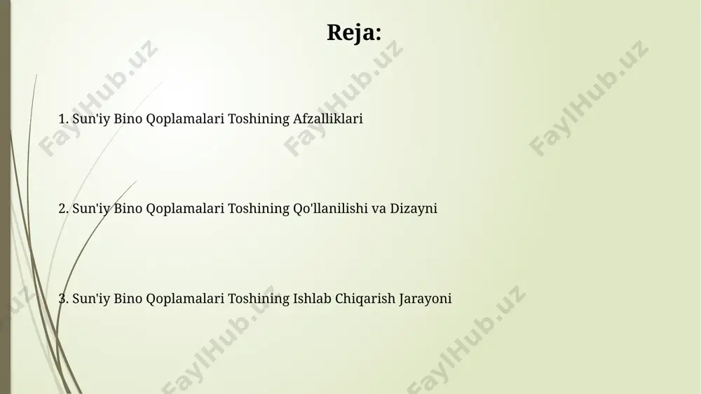 amalarni ishlab chiqarishda 3d-bosma texnologiyalaridan foydalaniladi, bu esa 1000 dan ortiq turdagi dizaynlarni yaratish imkonini beradi va ishlab chiqarish jarayonini 20% tezlashtiradi. qo'llanilishi va o'rnatilishi har bir panelni o'rnatishdan oldin, yopishqoq eritmaning to'g'ri miqdori (odatda ishlab chiqaruvchining ko'rsatmalariga muvofiq 3-5 kg/m²) va tekis yuzaga e'tibor berish juda muhimdir. sun'iy qoplamalarni o'rnatishda, 20-30 mm oralig'ida bo'g'inlarni qoldirish tavsiya etiladi, bu esa termal kengayish va siqilishni yaxshiroq boshqarishga yordam beradi va yoriqlarning oldini oladi. narxlari va bozor tahlili markaziy osiyo mamlakatlarida, jumladan o'zbekistonda, sun'iy qoplamalar bozorining o'sishi qurilish sohasining rivojlanishi va zamonaviy materiallarga bo'lgan talabning ortishi bilan chambarchas bog'liq. taxminan 10% ga yaqin yillik o'sish kuzatilmoqda. sun'iy qoplamalar bozorining hajmi 2023 yilda taxminan 15 milliard aqsh dollarini tashkil etdi va 2030 yilga kelib yillik o'rtacha 7% ga o'sishi kutilmoqda, bu esa katta investitsiya imkoniyatlarini ochib beradi. e'tiboringiz uchun rahmat @taqdimot_robot image1.jpg image2.jpg image3.jpg image4.jpg image5.jpg image6.jpg image7.jpg
