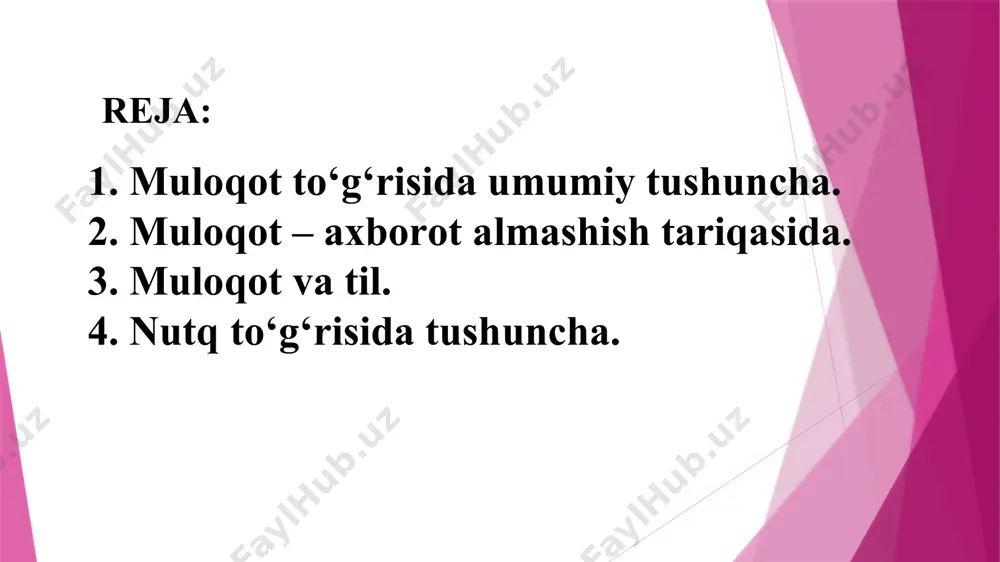 o‘shа оdаm bilаn ilоji bоrichа rаsmаn sаlоm - аlikni bаjо kеltirib o‘tib kеtаvеrgаn bo‘lаrdingiz. muloqotning turli shakllari va bosqichlari mavjud: 1-bosqich –odamning o`z-o`zi bilan muloqotidir. t. shibutani «ijtimoiy psixologiya» kitobida «agar odam ozgina bo`lsa ham o`zini anglasa, demak, o`z-o`ziga ko`rsatmalar bera oladi»,-deb yozgan edi. 2- bosqichi boshqalar bilan muloqot- muloqotnidir. odamning o`z-o`zi bilan muloqoti aslida uning boshqalar bilan muloqotining xarakterini va hajmini belgilaydi. agar odam o`z-o`zi bilan muloqot qilinganni odat qilib olib, doimo jamiyatdan o`zini chetga tortib yursa, demak, u boshqalar bilan suhbatlashishda jiddiy qiyinchilikni boshidan kechiradi deyish mumkin. 3- bosqich avlodlar o`rtasidagi muloqot. bu muloqot tufayli har bir jamiyatning o`z madaniyati, madaniy boyliklari, qadriyatlari mavjud bo`ladiki, buning ahamiyatini tushungan insoniyatning eng ilgor vakillari uni doimo keyingi avlodlar uchun saqlab keladilar hamda ta’lim-tarbiya va kundalik muloqot jarayonida uni avloddan-avlodga uzatadilar. -rasmiy muloqot odamlarning jamiyatda bajaradigan rasmiy vazifalari va xulq-atvoridan kelib chiqadi. masalan, rahbarning o`z xodimlari bilan, professorning talaba bilan muloqoti. …