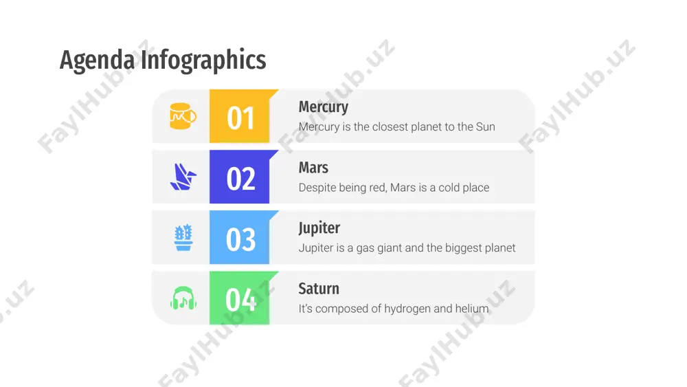 rings 01 earth planet earth is the only one that harbors life 04 mercury mercury is the closest planet to the sun 02 venus venus has a beautiful name, but it’s hot 05 mars despite being red, mars is a cold place 03 jupiter jupiter is a gas giant and also the biggest one 06 agenda infographics mercury is the first mercury 01 jupiter is very big jupiter 02 venus is hot venus 03 earth harbors life earth 04 mars is very cold mars 05 saturn is ringed saturn 06 neptune is far away neptune 07 pluto is not a planet pluto 08 agenda infographics 03 the moon is a satellite moon 01 mercury is the smallest mercury 02 mars is very cold place mars 04 jupiter is a gas giant jupiter agenda infographics 01 mercury is the first mercury 05 the sun is a star sun 03 jupiter is …
