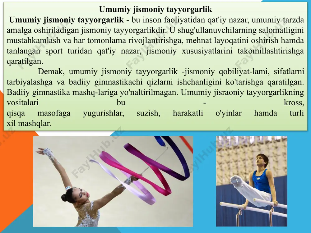 yrioddiy harakatlar bilan boyitilgan o'yinlar. koordinatsiya va chaqqonlikni rivojlantirish uslublari: • takroriy; o'zgaruvchan; g'ayrioddiy boshlang'ich holatidan; oynadagi aksga qarab bajariladigan; o'yinli va musobaqali. egiluvchanlik - bu harakatni katta amplituda bilan bajarish qobiliyatidir. faol va sust egiluvchanlik farqlanadi. faol egiluv­chanlik mushak bo'g'inlari orqali o'tadigan zo'riqishlar hisobiga, sust egiluvchanlik esa tashqi kuchlarni jalb qilish orqali amalga oshiriladi. egiluvchanlik qo'yidagi omillarga bog'liq bo'ladi: bo'g'inlarning tuzilishi, ularning shakli va o'lchamiga; paylar va mushaklarning uzunligi va elastikligiga; mushak tonusini boshqaruvchi nerv markazlarining funksional holatiga; muhit haroratiga - qanchalik yuqori bo'lsa, shuncha yaxshi; running qaysi vaqti ekanligiga, raasalan ertalab egiluv­chanlik past bo'lishi kuzatiladi; toliqish darajasiga - bunda passiv (sust) egiluvchanlik yaxshilanib, faol egiluvchanlik yomonlashadi; irsiyatga, jins va yoshga - bolalar va ayollar egiluvchanroq bo'ladilar. egiluvchanlikni rivojlantirish vositalari: -bo'shashishga yo'naltirilgan mashqlar - 12-15 % ga oshiradi; -katta amplitudaga ega ravon harakatlar; -takrorlanuvchi prujinasimon harakatlar; -maksimal amplitudani passiv ravishda saqlash; -maksimal amplitudani faol ravishda saqlash; -amplitudani asta sekin …