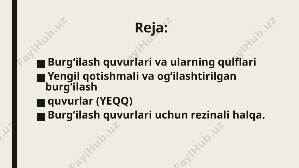 m uzunligiga maxsus indikator yordamida termik ishlov beriladi. obq ning ichki muhiti burg’ilash yo‘li bilan ochiladi. bu quvurlarga termik ishlov berish quvurlarni yaxshi muvozanatlashga imkon beradi. mobq-2 oddiy og‘irlashtirilgan quvurlarga nisbatan yuqori mustahkamligi (7,5-6,5 mpa) va yeyilishga barqarorligi bilan farqlanadi. og’irlashtirilgan burg’ilash quvulari (obq). burg’ilash quvurlari uchun rezinali halqa burg’ilash jarayonida burg‘ilovchi va mustahkamlovchi quvurlarni yeyilishdan saqlash uchun rezinali halqalar qo‘llaniladi. ular 150°c haroratda neft asosidagi yuvish eritmasi muhitida ishlaydi. odatda, burg’ilash quvurlari uchun rezinali halqalar qismlarga ajraladigan yoki ajralmaydigan qilib tayyorlanadi. rezinali halqaning o‘lchamlari va shakllari ma’lumotnomadan foydalanish mumkin. rezinali halqalarni burg’ilash quvurlariga kiritishda maxsus pnevmatik mashinalar yordamida amalga oshiriladi. halqani burg’ilash quvuriga kiritishdan oldin 80-90°s haroratdagi issiq suvda 10-15 min qizdiriladi. halqalarni burg’ilash quvurlariga kiritishda shikastlanmasligi uchun qulflarning o‘tkir qirralari tozalanadi. og’irlashtirilgan burg’ilash quduq devorini kengaytiruvchi va markazlovchi kolibratorlar burg’ilash asboblarini ta’mirlash. burg’ilash ishlari tugatilgandan keyin burg’ilash komplekti, yetakchi quvurlar, og‘irlashtirilgan quvurlar va o‘tkazgichlarning ishi yaroqlilik holatlarini tekshirish …