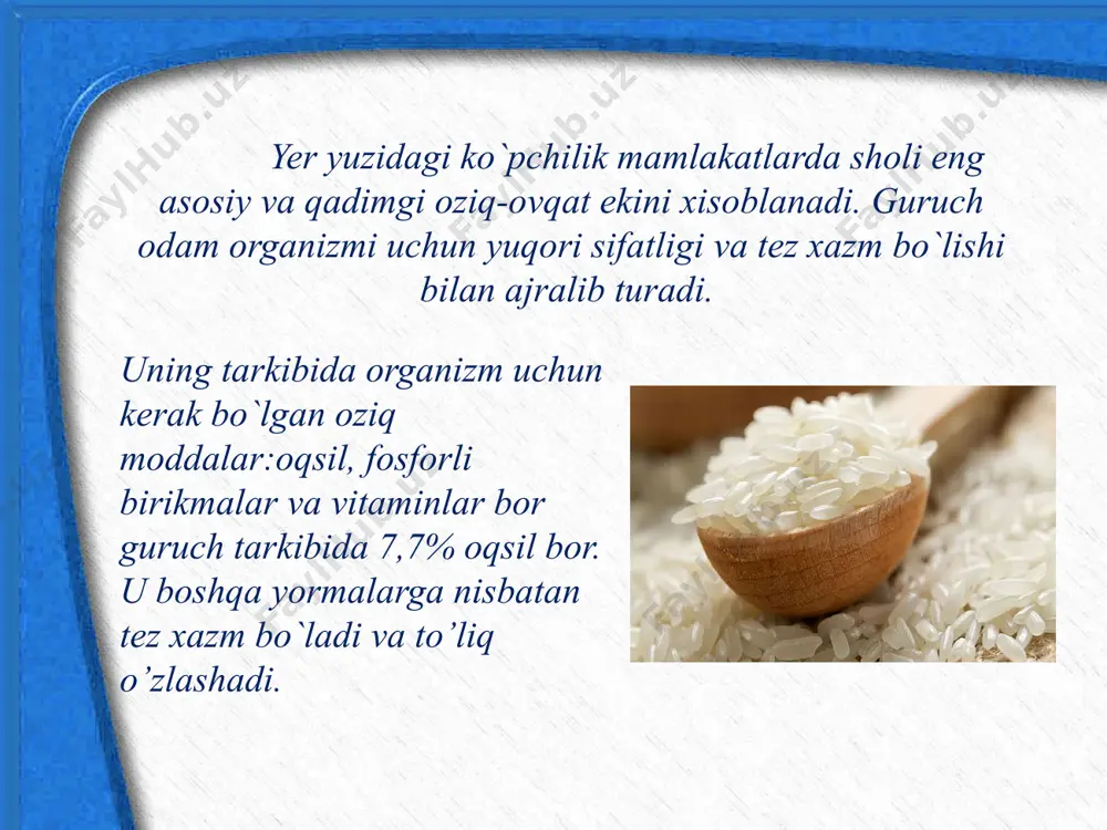 6 dalali almashlab ekishda 40-60 s dan xosil olingan bo`lsa surunkasiga sholi ekilganda 25-27s xosil olingan. sholi ekish uchun yerni ishlash kuzgi shudgorlashdan boshlanadi. yerni kuzda xaydash sholi xosildorligini oshirishda katta ahamiyatga ega. ekishdan oldin yer tekislanadi, mashinada sholi ekiladigan maydonlarda bir yo`la g’altaklash ishlari bilan qo’shib olib borish mumkin. sholi xosilini yig’ishtirib olish uchun dalani shunga tayyorlash kerak. sholi donining sut pishish davrida pollarga kirayotgan paytida suv kamaytiriladi va mum pishish davrida umuman to’xtatiladi. donning 85-90% tula pishish davrida sholini urishga kirishiladi. adabiyotlar: 1. x.atabayeva, o.qodirxujayev o`simlikshunoslik, t.yangi asr avlodi.2006 yil (lotin alifbosida). 2. o.mirzayev, t.xudoyberganov yem-xashak yetishtirish-andijon 2003 y. 3. x.atabayeva va boshq.o`simlikshunoslik, t.mexnat.2004 y. 4. i.karimov bir yillik va ko`p yillik mustaqil yurt g`allasi, t.o`zbekiston 2003 y. 5. a.omonov, x.bo`riyev, l.g`afurova, a.nurbekov bir boshoq don.t.2004 y. image9.jpeg image10.jpeg image11.jpeg image12.jpeg image13.jpeg image14.jpeg image15.jpeg image16.jpeg image1.jpeg image2.jpeg image3.jpeg image4.jpeg image5.jpeg image6.jpeg image7.jpeg image8.jpeg