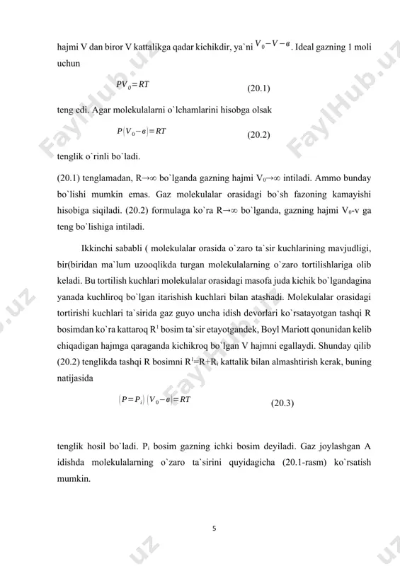 ) buni har ikkala tomonini p ga bo`lib, quyidagicha yozish mumkin. (20.14) bu v hajmga nisbatan 3-darajali tenglama bo`lib, uning uchta ildizi bor. uning hammasi haqiqiy yoki ulardan ikkitasi mavhum va bittasi haqiqiy bo`lishi mumkin. van-der vaals tenglamasining mavhum ildizlari fizikaviy ma`noga ega emas. shuning uchun ularga qaramaymiz. van-der vaals tenglamasi ildizlarning fizikaviy ma`nosini aniqlash uchun (20.1) tenglamaga tegishli izotermalarni, ya`ni o`zgarmas temperaturada r bosimning v(molyar hajmga bog`lanishini qarash va ularni tajriba ma`lumotlarda olingan izotermalar bilan solishtirish kerak. bizga ma`lumki ideal gazning izotermasi giperbola edi, undan farqli ravishda (20.1) tenglamaga tegishli bo`lgan izoterma quyidagicha ko`rinishda bo`ladi. biz uni van-der vaals izotermasi deb ataymiz. v p буг 20.2-rasm bu izotermada bosimni bitta r1 qiymatiga molyar hajmining v1, v2 va v3 qiymatlari mos keladi. grafikni maksimal holatiga suyuq hamda bundan v1 va v3 holatlarga gazsimon holat mos keladi. endi hajmi v2 bo`lgan uchinchi holatining ma`nosini aniqlash kerak bo`ladi. van-der vaals izotermalari bilan …