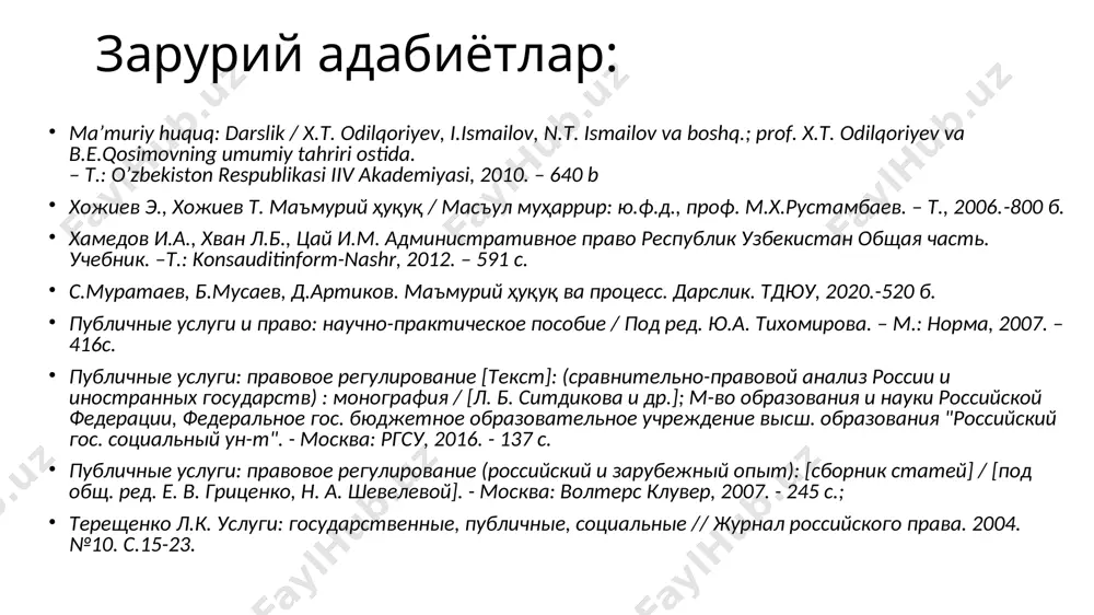 адбирлари ҳақида ( 31.01.2018 йилдаги вмқ 70-сон) давлат хизматлари кўрсатиш тизимини жадал ривожлантириш бўйича қўшимча чора-тадбирлар тўғрисида (11.04.2018 йилдаги пқ-3662-сон) давлат хизматлари ягона реестрини тасдиқлаш тўғрисида (ўзбекистон республикаси адлия вазирлиги, ўзбекистон республикаси президенти ҳузуридаги лойиҳа бошқаруви миллий агентлигининг қарори 13.09.2019 йилда рўйхатдан ўтган, рўйхат рақами 3181) давлат хизматлари кўрсатиш миллий тизимини янада комплекс ривожлантириш чоралари ҳақида (15.02.2019 йилдаги пқ-4193-сон) давлат хизматлари кўрсатиш миллий тизимини жадал ривожлантириш бўйича қўшимча чора-тадбирлар тўғрисида (31.01.2020 йилдаги пф-5930-сон) «электрон ҳукумат» тизимининг архитектураси эътиборингиз учун рахмат!