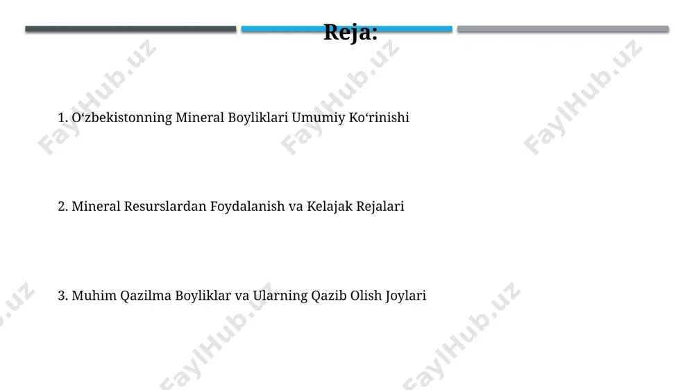 lik qazib olish hajmi bo'yicha 10 million tonnadan ortiq neft beradi. neft konlarining chuqurligi 2000-4000 metr oraligʻida oʻzgarib turadi va qazib olish texnologiyalari yuqori darajada rivojlangan. marganes rudalari o'zbekistonda yillik marganes qazib olish hajmi o'rtacha 100 ming tonna atrofida bo'lib, asosan metallurgiya sanoatida qo'llaniladi. marganes rudalari uzbekistanning jami mineral zahiralarining taxminan 2% ni tashkil etadi, ulardan 50% dan ortig'i qashqadaryo viloyatida joylashgan. qo'rg'oshin va sink konlari qorakoʻl konida qoʻrgʻoshin va sinkning taxminiy zaxiralari 10 million tonnadan ortiqni tashkil etadi, bu mamlakatning umumiy qoʻrgʻoshin-sink resurslarining muhim qismini tashkil qiladi. qoʻrgʻoshin va sink rudalarini qazib olishda flotasiya usuli keng qoʻllaniladi va bu jarayon metallarni ajratish va boyitishda taxminan 90% samaradorlikni taʼminlaydi. o'zbekistonning minerallari boyliklari mamlakatning oltin qazib olish hajmi yiliga 80 tonnadan oshadi, bu uni markaziy osiyoda etakchi qiladi. oʻzbekiston mis konlari boy zaxiralarga ega boʻlib, yillik qazib olish hajmi 100 ming tonnadan ortiqni tashkil etadi. rux konlari rux konlarining qazib olish …