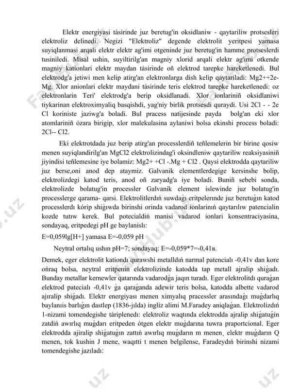 len, graid kómir yamasa platina elektrod tusirilgen bolsa, sol suyiqlamada oksidlanıw-qaytariliwreaksiyasi juz beredı. suyiqlanmada da na+ hám cl- ionları payda bolǵanı ushın katodda kationlar qaytarılsa, anodda anionlar oksidlanadı. eritpeler elektrolizi. duzlardıń, kislata ham tiykarlardıń suwdaǵı eritpeleri eletrolizinde suw molekulaları da qatnasqanliǵı ushın bul protcess adewir quramalıraq boladı. eger elektrolizde inert elektrodlar isletilse katodda bolatuǵıń processler ushın tomendegi nizamliqlarǵa amel qilinadı: eger eritpede metallardıń kernevler qatarında litiyden alyuminiyge shekem bolǵan metallardıń kationları turǵan bolsa, katodda metall ionları ornina suwdaǵı vadarod ionları qaytarıladı. katod(-) 2h2o→h2+2oh- jazılıwı mumkın. eger eritpede metallardıń kernevler qatarinda alyuminiy hám vadarod arasinda jaylasqan metallardıń kationları bar bolsa, ol jaǵdayda bir waqıttıń ózinde de metall hám vadarod kationlarınıń qaytarılıwı guzetiledı. tiykarg'i bolim 2.1. elektrolizden texnikada paydalaniw elektrotexnikada taza mıs kóp isletıledı. mısqa az ǵana basqa zatlar aralasqan bolsa, onıń elektr toǵın ótkerıw qasiyeti tómenlep ketedı. mıs har qiylı aralaspalardan tómendegı usıl menen ajıratıp alınadı. úlken elektrolit vannası mıs kislatasınıń …