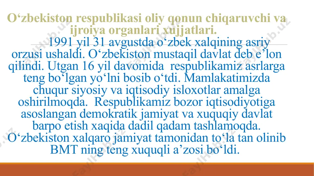 lik bilan o‘rganish, ularni taqqoslash, boshqa manbalar bilan solishtirish respublikamizning iqtisodiy-ijtimoiy taraqqiyoti tendensiyalarini aniqlash imkoniyatini beradi. o‘zbekiston respublikasida sodir bo‘layotgan ijtimoiy-siyosiy jarayonlarni o‘rganish uchun mamlakatimizda faoliyat ko‘rsatayotgan siyosiy partiyalar va jamoat tashkilotlarining xujjatlari muxum rol o‘ynaydi. xdp, «fidokorlar», «vatan taraqiyoti», «adolat», «o‘zldp» kabi partiyalarning xarakatlari va darsturlari, ularning maromnomalari, quriltoy va boshqa anjumanlarda qabul qilingan rezolyusiya va qarorlari ularning o‘z oldiga qo‘ygan maqsad va faoliyati yo‘nalishi xaqida respublikamizning ijtimoiy-siyosiy xayotida tutgan o‘rni to‘g‘risida xulosalar chiqarish imkoniyatni beradi. kasaba uyushmalari, «kamolot» yoshlar jamg‘armasi, kasbiy va ijodiy uyushmalar xujjat va materiallari mamlakatdagi ijtimoiy jarayonlar to‘g‘risida qimmatli ma’lumotlar beradi. mustaqillik davri matbuot saxifalarida xam o‘z aksini topgan. informatsiya zamoni bo‘lgan xozirgi davrda jamiyatda sodir bo‘layotgan barcha o‘zgarishlar gazeta va jurnallarda o‘z ifodasini topgan. mustaqillikka erishgandan so‘ng, o‘zbekistonda matbuot organlarining soni keskin ko‘paydi. sovet davrida tashkil etilgan gazeta va jurnallar bilan bir qatorda «xalq so‘zi», «narodnoe slovo», «jamiyat va boshqaruv», «oila va jamiyat». «fidokor», …