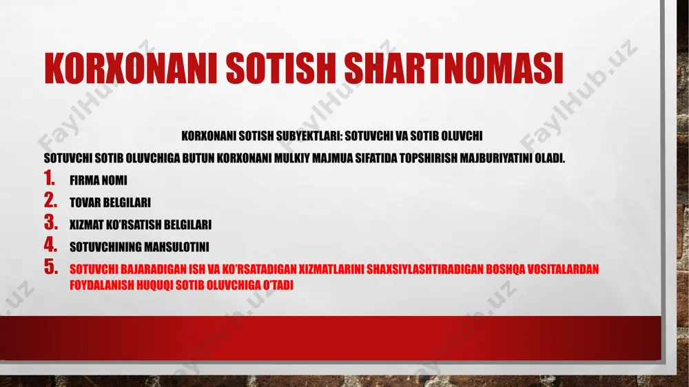 uvchi javobgar bo’lgan kamchiliklari tufayli korxona sotish shartnomasida aytib o’tilgan maqsadlar uchun yaroqsizligi va bu kamchiliklar: 1.fkga 2.qonunchilikga 3.shartnomaga muvofiq belgilangan shartlarda sotuvchi tomonidan ushbu kamchiliklar bartaraf qilinmaganligi yoki bunday kamchiliklarni bartaraf qilib bo’lmasligi aniqlangan bo’lsa, sotib oluvchi: 1.korxonani sotish shartnomasini bekor qilishi, 2.o’zgartishi, 3.taraflar shartnomaga muvofiq bajarganlarini sud tartibida talab qilish huquqiga ega. korxonani sotish shartnomasiga muvofiq bitimlarning haqiqiy emasligi oqibatlari: ushbu kodeksda 1.bitimlarning haqiqiy emas oqibatlari 2.oldi-sotdi shartnomasini o’zgartirish va bekor qilish to’g’risida, 3.bir yoki ikkala tarafdan olingan narsalarni qaytarish 4. asl holatda undirishni nazarda tutadigan qoidalar korxona sotish shartnomasiga nisbtatan qo’llaniladi. fk 116-modda qonunchilikning taraflariga muvofiq bo’lmagan bitimning haqiqiy emasligi qonunchilikning taraflariga muvofiq bo’lmagan bitimning haqiqiy emasligi huquq tartibot axloq asoslariga atayin qarshi maqsadda tuzilgan bitim o’z-o’zidan haqiqiy emas deb topiladi. e’tiboringiz uchun rahmat image3.jpg image4.png image5.png image6.png image7.png image8.png /docprops/thumbnail.jpeg