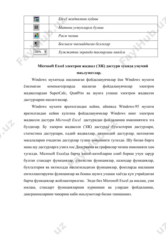 р оддий мисол келтирамиз. айтайлик бирор фирма 1997 йил ёз ойлари карши шахрининг маркази ва митирайонларида канча муз каймок сотганини тахлил килиб чикди. шу тахлилга тузилган хисоботнинг умумий куриниши ва диаграммасини келтирамиз. музкаймокдан келтирилган даромад хисоботи excel эж дастуридан чикиш учун жадвал ойнасининг юкори унг томонида жойлашган х кнопкасини босамиз ёки менюнинг «файл» булимига кириб, «выход» булимини танлаймиз. агар эж ойнасидаги дастур (жадвал) хотирага олинмаган булса, бу хакда экранга маълумот чикади. керакли холатни танлаб, excel эж да чикамиз. асосий формула ва функциялар маълумотлар microcoft excelда формула, текст, ракам, функция куринишда берилади. формулалар стандарт функциялар, саналар, вактлар, арифметик ифодалар ва арифметик амаллар булиши мумкин. excelда арифметик амал белгилари куйидагилардир. + кушиш - айириш * купайтириш / булиш ^ даражага кутариш асосий статистик ва математик функциялар sum (аргумент)-ячейкадаги сонларни кушиш average (аргумент)-урта кийматни хисоблаш max (аргумент)-максимал кийматни хисоблаш min (аргумент)- минимал кийматни хисоблаш sqrt (сон)- квадрат илдизни хисоблаш fact (сон)-соннинг факториалини хисоблаш …