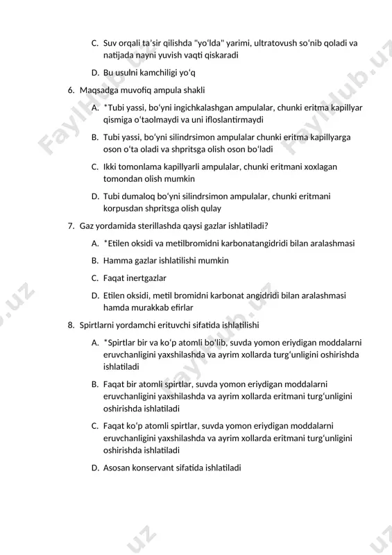 ni yordamchi erituvchi sifatida ishlatilishi a. *spirtlar bir va kо‘p atomli bо‘lib, suvda yomon eriydigan moddalarni eruvchanligini yaxshilashda va ayrim xollarda turg‘unligini oshirishda ishlatiladi b. faqat bir atomli spirtlar, suvda yomon eriydigan moddalarni eruvchanligini yaxshilashda va ayrim xollarda eritmani turg‘unligini oshirishda ishlatiladi c. faqat kо‘p atomli spirtlar, suvda yomon eriydigan moddalarni eruvchanligini yaxshilashda va ayrim xollarda eritmani turg‘unligini oshirishda ishlatiladi d. asosan konservant sifatida ishlatiladi 9. inyeksion moylarni oldindan sterillizatsiya qilishni sababini tushuntiring. a. *yog‘larda mikroorganizm sporalari barqaror bо‘lganligi uchun oldindan sterillizatsiya qilinadi b. eritmani turg‘unligini ta’minlash uchun c. mikroorganizmlarni yо‘qotish uchun, dori moddani sо‘rilishini osonlashtirish uchun d. dori moddani erishini osonlashtirish 10. suvli inyeksion eritmada ampula butunligini tekshirish a. *issik ampulani, sovuq metilen kо‘ki eritmasiga botirilganda, darz ketgan yoki yaxshi kavsharlanmagan ampulalar bosimlar farqi xisobiga kо‘k rangga bо‘yaladi b. sovuq ampula issik metilen kо‘ki eritmasida tekshirilganda bosimlar farqi xisobiga, darz ketgan ampulalar kо‘k rangga bо‘yaladi c. issik ampulani issik …