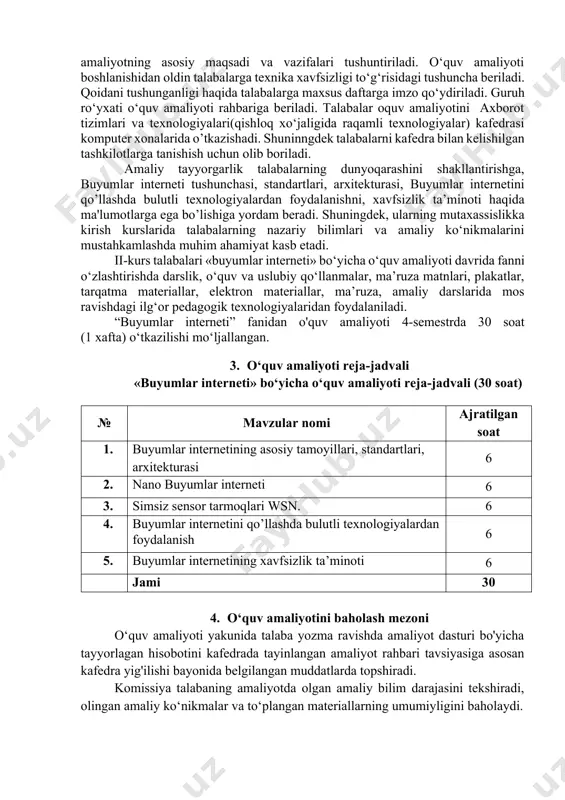 о‘quv amaliyoti bо‘yicha bilim va kо‘nikmaga ega bо‘lsa 4-“yaxshi” 3 talaba о‘quv amaliyotida qatnashsa, о‘quv amaliyoti hisobotini tо‘liq tayyorlasa va tushuntirib bera olsa, о‘quv amaliyoti bо‘yicha bilim va kо‘nikmaga ega bо‘lsa 3-“qoniqarli” 4 talaba о‘quv amaliyotida tо‘liq qatnashmasa, о‘quv amaliyoti hisobotini tо‘liq tayyorlamasa va tushuntirib bera olmasa, о‘quv amaliyoti bо‘yicha bilim va kо‘nikmaga ega bо‘lmasa 2-“qoniqarsiz” amaliyotlar bо‘yicha hisobotlar himoyasi natijalari 8-shakldagi qaydnomaning “о‘zlashtirish kо‘rsatgichi” ustunida qayd etiladi. hisobotning dastlabki baholash natijalari bо‘yicha saralash ballidan kam tо‘plagan talabaning bali ham kо‘rsatiladi. amaliyotlar hisoboti himoyasining natijalari fakultet ilmiy kengashida muhokama qilinadi. talaba uzrli sabablarsiz o‘quv amaliyotiga qatnashmagan, shuningdek o‘quv-tanishuv amaliyot yakunlari bo‘yicha «2» (qoniqarsiz) baho bilan baholangan hollarda, u akademik qarzdor hisoblanadi. 5. о‘quv amaliyotini yakunlash va hisobot tuzish «buyumlar interneti» bо‘yicha о‘quv amaliyoti yakunida talabalar amaliyot davrida bajargan ishlarini umumlashtiradi va hisobot tuzadilar. hisobotning tarkibi о‘quv amaliyoti dasturiga tо‘g‘ri kelishi shart. о‘quv amaliyoti bо‘yicha hisobot «buyumlar interneti» bо‘yicha о‘quv amaliyotida …