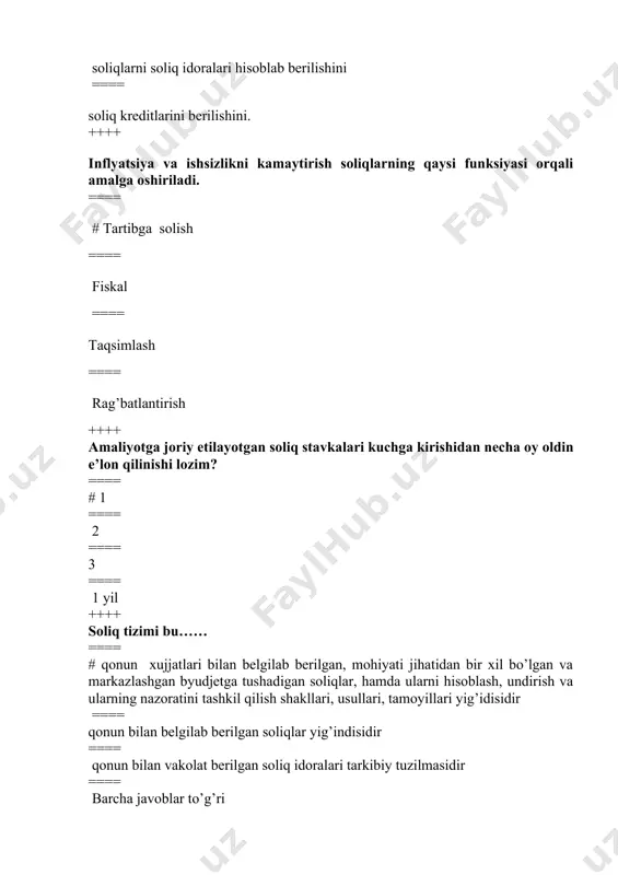 n respublikasi konstitutsiyasining “fuqoralar qonun bilan belgilangan soliqlar va mahalliy yig’imlarni to’lashga majburdirlar” qaysi moddasida bayon qilingan? ==== 21-moddasida ===== 41-moddasida ===== 31 moddasida ===== #51- moddasida ++++ pаttа to’lоvini bоzоrlаrdа kimlar to’laydi? ===== #tоvаrlаr, buyumlаr vа qishlоq хo’jаligi mаhsulоtlаri sоtishni аmаlgа оshirаyotgаn jismоniy shахslаr ==== yuridik shaxslar ==== norezident shaxslar ==== tijorat banklari ++++ soliq.....bu ? ==== #soliq deganda o’zbekiston respublikasining davlat byudjetiga yoki davlat maqsadli jamg’armasiga to’lanadigan majburiy beg’araz to’lov tushuniladi ==== soliq deganda o’zbekiston respublikasining davlat byudjetiga to’lanadigan majburiy bojxona boji tushuniladi ==== soliq deganda o’zbekiston respublikasining davlat byudjetiga to’lanadigan majburiy yig’im tushuniladi ==== soliq deganda o’zbekiston respublikasining davlat byudjetiga to’lanadigan majburiy davlat boji tushuniladi ++++ o’zbekiston respublikasining yangi taxrirdagi soliq kodeksi nechta bo’lim, nechta bob, nechta moddadan iborat va qachondan kuchga kirdi? ==== 10 bo’lim, 41 bob, 580 moddadan iborat 2019 yil 1 dekabrdan kuchga kirdi ==== 15 bo’lim, 51 bob, 300 moddadan iborat 2021 yil …