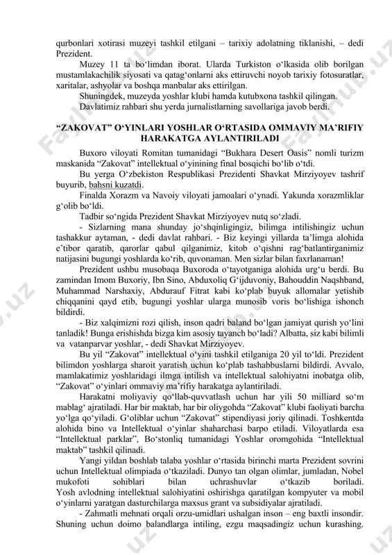 tonning munosib farzandlari bo‘lib yetishasizlar. men bunga ishonaman, – dedi davlatimiz rahbari. prezident maktabi bilan viloyatdagi boshqa maktablar o‘rtasida tajriba almashinuvni yo‘lga qo‘yish, shu asosida aniq fanlarni o‘qitish metodologiyasini yangilash zarurligi ta’kidlandi. davlatimiz rahbari qashqadaryo viloyati qatag‘on qurbonlari xotirasi muzeyini borib ko‘rdi. o‘zbekiston respublikasi prezidentining 2020 yil 8 oktyabrdagi farmoyishiga muvofiq, qatag‘on qurbonlarining xotirasini abadiylashtirish va merosini o‘rganish bo‘yicha ko‘p ishlar qilinmoqda. qoraqalpog‘iston respublikasi va barcha viloyatlarda qatag‘on qurbonlari muzeyi tashkil etildi. qashqadaryodagi muzey odina masjidida joylashtirilgan. bu chuqur ma’noga ega. chunki u tarixiy bino. odina masjidi 1386 yilda sohibqiron amir temur tomonidan bunyod etilgan. 1868 yili chor rossiyasi bosqini davrida masjidning ayvon qismi to‘pga tutilib, vayron qilingan. mustabid tuzum davrida dastlab omborxonaga, 1938 yildan qamoqxonaga aylantirilgan. – mustabid tuzum davrida xalqimizning qadr-qimmati, insoniy sha’ni va g‘ururi oyoqosti qilingan. shunday tabarruk joyning qamoqxonaga aylantirilgani ham bunga misol. biz bugun mamlakatimizda inson qadrini ulug‘lashga alohida e’tibor qaratayapmiz. o‘tganlar hurmatini ham joyiga …