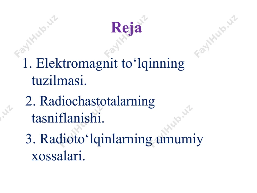 metrik nomi chastotalar diapazoni nomi to‘lqinlar nimdiapazoni 4 - 3...30 kgs 100...10 km miriametrli juda past jpch o‘ta uzun (o‘ut) 5 – 30...300 kgs 10...1 km kilometrli past pch uzun (ut) 6 – 0,3..3 mgs 1 km....100 m gektometrli o‘rta o‘ch o‘rta (o‘t) 7 – 3...30 mgs 100...10 m dekametrli yuqori yuch qisqa (qt) 8 – 30... 300mgs 10...1 m metrli ultra yuqori uyuch ultra qisqa (uqt) 9 – 0,3...3 ggs 1 m...1 dm detsimetrli o‘ta yuqori o‘yuch 10 – 3..30 ggs 10...1 sm santimetrli juda yuqori jyuch 11 – 30.. 300 gs 10...1 mm millimetrli 12 – 300... 3000 ggs 1... 0,1 mm detsimillimetrli har bir radioxizmatga o‘z diapazoni oralig‘i yoki qayd etilgan chastotalar ajratilgan radioto‘lqinlarning tarqalishi er usti harakadagi aloqasi uchun ajratilgan ayrim diapazonlarni belgilash atama chastotalar dipazoni tushuntirish qisqa to‘lqinli diapazon (qt) 2–30 mgs tarqalishning o‘ziga xos xususiyatlar tufayli asosan uzoq masofali aloqada qo‘llaniladi «si-bi» 25.6–30.1 mgs …