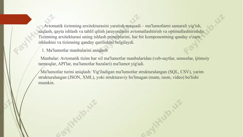 hlatiladi. masalan, turli hududlardagi savdolarni yoki mahsulotlar bo'yicha daromadlarni taqqoslash. vizualizatsiya vositalari matplotlib (python): eng keng tarqalgan kutubxonalardan biri bo'lib, har xil turdagi diagrammalarni yaratishga imkon beradi. oddiy va murakkab grafiklar yaratish uchun ishlatiladi. vizualizatsiya va tahlilning amaliy foydalanish sohalari biznes analitikasi: savdo hajmini, daromadlarni, xarajatlarni va boshqa ko'rsatkichlarni vizualizatsiya qilish. tableau yoki power bi yordamida interaktiv dashboardlar yaratish. moliyaviy tahlil: aktsiyalar narxlari, bozordagi tendensiyalar, investitsiya portfellari haqida tahlil qilish va prognoz qilish. marketing tahlili: mijozlarning xulq-atvorini, kampaniyalar natijasini, seo va reklama samaradorligini tahlil qilish. data mining metodlarini tanlash — bu katta hajmdagi ma'lumotlardan foydali bilimlarni olish uchun ishlatiladigan algoritmalarni va metodlarni tanlash jarayonidir. 1. ma'lumotlarni tahlil qilish maqsadiga qarab metodlarni tanlash data mining metodlari asosan tahlil maqsadiga qarab tanlanadi. ular quyidagi asosiy maqsadlarga xizmat qiladi. 2. regressiya (regression) maqsad: raqamli yoki davomiy o'zgaruvchilarni prognoz qilish (masalan, sotuvlarni, iqlim o'zgarishini, narxlarni). qachon ishlatish kerak: ma'lumotlar orasidagi munosabatlarni aniqlash va kelajakdagi …