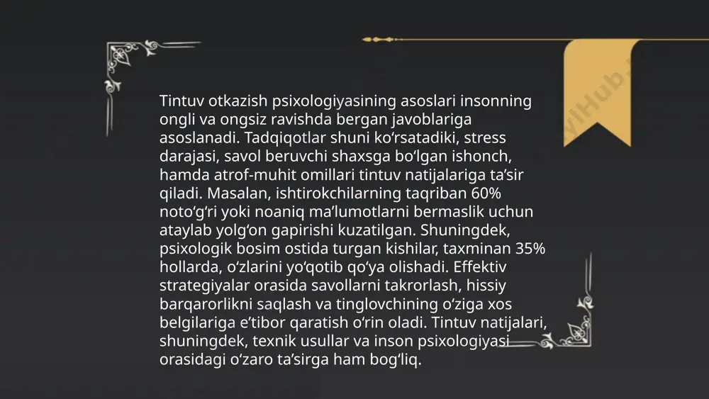 ko‘z harakati va yo‘nalishi. yana bir usul – savollarga javob berganda mavhumlik va tafsilotlarning o‘zgarlishiga e’tibor qaratish. jolib jihat, yolg‘onchilar ko‘pincha haddan tashqari ko‘p ma’lumot berishga harakat qilishadi. shuningdek, ovoz balandligi va intonatsiyasi ham aniqlikni oshiradi. psixologik tadqiqotlarga ko‘ra, odamlar taxminan 54% holatlarda yolg‘on va haqiqatni ajrata olishadi. shu sababli, muloqot davomida bir nechta omillarga e’tibor qaratish, tan olish imkoniyatlarini sezilarli darajada oshirishi mumkin. ... t.me/slaydai_bot intervyu va so‘rov texnikalari ma’lumot yig‘ish jarayonida muhim rol o‘ynaydi. intervyular yuzma-yuz, telefon yoki onlayn tarzda o‘tkazilishi mumkin. yuzma-yuz intervyular odatda chuqur ma’lumot olish uchun samarali bo‘ladi, lekin ko‘proq vaqt va resurs talab qiladi. onlayn so‘rovlar tezkor va arzon bo‘lib, katta miqdordagi qatnashchilar bilan ishlashda qulay. so‘rovnomalar ishlab chiqishda savollar aniq va tushunarli bo‘lishi kerak. ko‘rsatkichlar va statistik tahlil natijalarning ishonchliligini ta’minlashda muhim ahamiyatga ega. texnologiya rivojlanishi intervyularni yig‘ishni va tahlil qilishni osonlashtirdi. ... t.me/slaydai_bot tintuv natijalariga ta'sir etuvchi psixologik omillar orasida stress, o‘ziga …