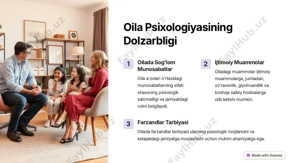zolarining o'zaro munosabatlariga ta'sir etadi. 2 kommunikatsiya oila a'zolari o'rtasidagi muloqot usullari o'zgarmoqda, tezkor texnologiyalar va ijtimoiy tarmoqlar ta'siri katta. 3 qarama-qarshiliklar turmush tarzi, qadriyatlar va fikrlashdagi farqlar oilalarda qarama-qarshiliklarni keltirib chiqarishi mumkin. https://gamma.app/?utm_source=made-with-gamma oilada genderning o'rni an'anaviy rollar zamonaviy rollar erkaklar asosan ta'minotchi, ayollar esa uy ishlari bilan shug'ullanadi. ikki jinsning ham oila va jamiyatda teng huquqlarga ega bo'lishi, ish topish, ta'lim olish, qarorlar qabul qilishda teng ishtirok etishi. ayollar bolalar tarbiyasi bilan asosan shug'ullanadi. ota-onalar bolalarni birgalikda tarbiyalashda teng mas'uliyatni o'z zimmalariga olishadi. https://gamma.app/?utm_source=made-with-gamma zamonaviy oilalarda farzandlarni tarbiyalash xususiyatlari sevgi va mehribonlik bolalarning o'sib-ulg'ayishida muhim rol o'ynaydi. farzandlarning o'zini ishonchli his qilishi va o'ziga bo'lgan hurmatni shakllantirish. ta'lim bolalarga ta'lim olish imkoniyatlari yaratish, ularning bilim va ko'nikmalarini rivojlantirish muhim. mustaqillik farzandlarni mustaqil qarorlar qabul qilishga, o'z hayotlarini o'zlari boshqarishga o'rgatish muhim. mas'uliyat farzandlarga o'z harakatlari va qarorlarining oqibatlarini anglashga, o'zlarini va boshqalarni hurmat qilishga o'rgatish. https://gamma.app/?utm_source=made-with-gamma oila infratuzilmasining …