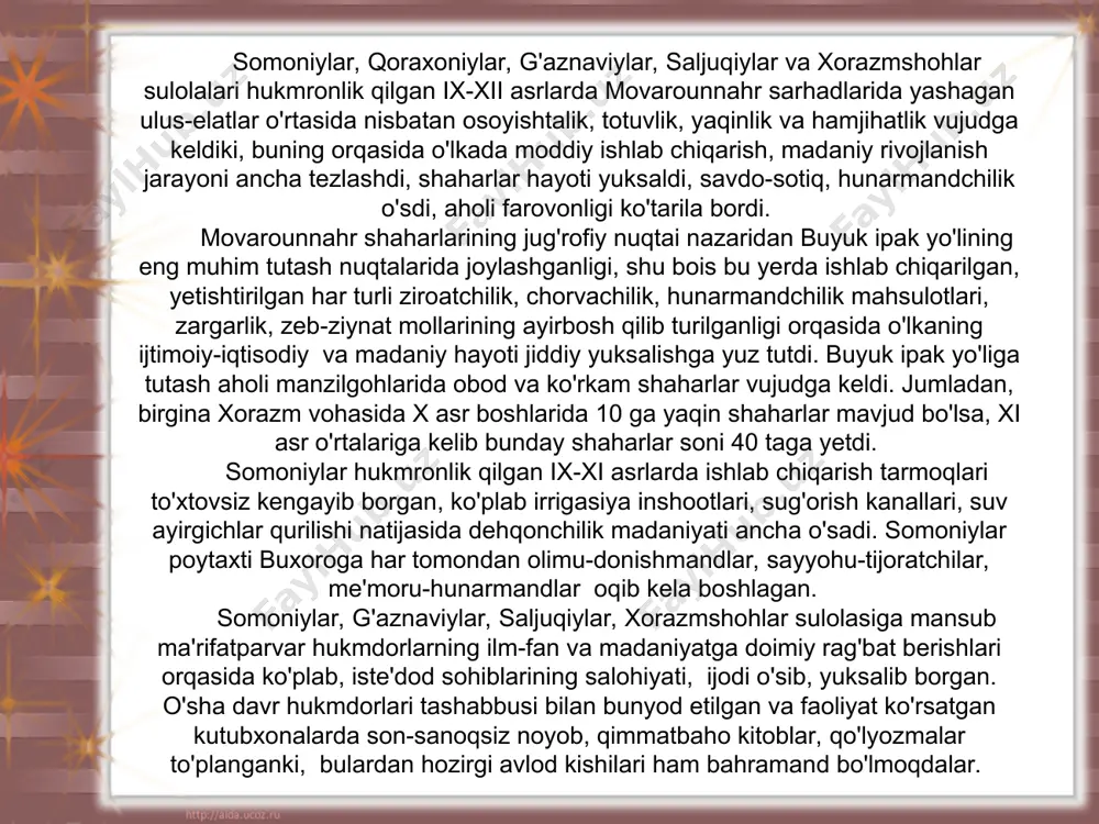 tga doimiy rag'bat berishlari orqasida ko'plab, iste'dod sohiblarining salohiyati, ijodi o'sib, yuksalib borgan. o'sha davr hukmdorlari tashabbusi bilan bunyod etilgan va faoliyat ko'rsatgan kutubxonalarda son-sanoqsiz noyob, qimmatbaho kitoblar, qo'lyozmalar to'planganki, bulardan hozirgi avlod kishilari ham bahramand bo'lmoqdalar. ix-xii asrlarda movarounnahrda ilm-fan yuksaldi, hozirgi zamon fanining ko'plab tarmoqlari va yo'nalishlariga chinakam poydevor yaratildi. xususan, matematika, algebra, astronomiya, tibbiyot, biologiya, geodeziya, jug'rofiya, falsafa singari dunyoviy fanlarning ta'mal toshi shu davrda qo'yildi. olloh nazari tekkan muborak yurt zaminidan yetishib chiqqan muhammad muso al-xorazmiy, ahmad al-farg'oniy, abu rayhon beruniy, abu ali ibn sino, abu nasr farobiy, abu bakr muhammad narshahiy, abu abdulloh xorazmiy, mahmud az-zamahshariy, burhoniddin marg'iloniy kabi qomusiy bilim sohiblarining ilm-fanning turli-tuman sohalaridagi bebaho ilmiy va ma'naviy meroslari to'la ma'noda dunyoviy ahamiyatga molikdir. buyuk matematik, astronom va geograf olim muhammad muso al-xorazmiy (783-850) nomi fan tarixida alohida o'rin tutadi. olim o'zining «hisob al-jabr va al-muqobala», «hind hisobi haqida kitob», «quyosh soatlari haqida risola», …