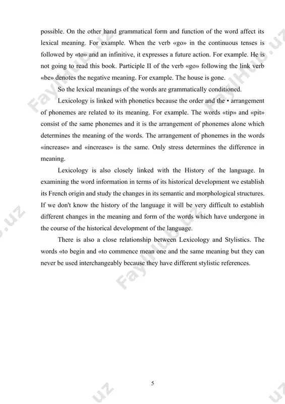 angeably because they have different stylistic references. 3. relationships, approaches and subbranches in lexicology the relationship existing between words may be either syntagmatic or paradigmatic. the syntagmatic relationship is found in the context. the context is the minimum stretch of speech which is necessary to bring out the meaning of a word. for example. take tea (choy ichmoq— pit chay), take tram (tramvayda yurmoq — exat na tramvae). the paradigmatic relationship is the relations between words within the vocabulary: polysemy, synonymy, antonymy of words etc. there are two approaches to the study of the vocabulary of a language — diachronic and synchronic. synchronic approach deals with the vocabulary as it exists at a given time, at the present time. the diachronic approach studies the changes and the development of vocabulary in the course of time, for example. synchronically the words «help», «accept», «work», «produce» are all of them english words. …
