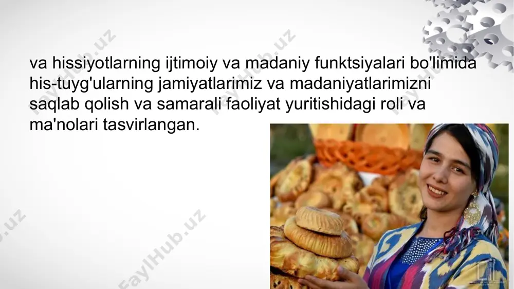 ham, og'zaki bo'lmagan tarzda yuz ifodalari, ovozlar, imo-ishoralar, tana holati va harakatlari orqali ifodalanadi. biz boshqalar bilan muloqot qilishda doimo his-tuyg'ularni ifodalaymiz va boshqalar bu hissiy ifodalarni ishonchli tarzda baholay oladilar shunday qilib, his-tuyg'ular boshqalar uchun signal qiymatiga ega va boshqalarga va bizning ijtimoiy munosabatlarimizga ta'sir qiladi. tuyg'ular va ularning ifodalari boshqalarga bizning his-tuyg'ularimiz, niyatlarimiz, his-tuyg'ularning nishoniga bo'lgan munosabatimiz va atrof-muhit haqida ma'lumot beradi. e’tiboringiz uchun rahmat image3.jpeg image4.jpeg image5.jpeg image6.jpeg image7.jpeg image8.jpeg image9.jpeg image10.jpeg image11.jpeg image12.jpeg image1.jpeg /docprops/thumbnail.jpeg