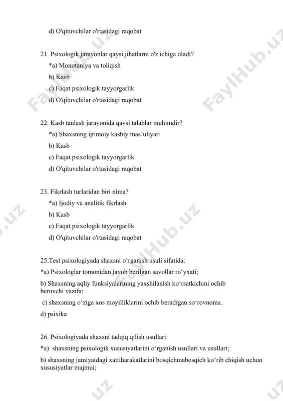 lan d) ma'lumotlarni tahlil qilish bilan 44. professiografiya qanday jarayonlarni o'z ichiga oladi? *a) mehnat sub’ekti va sharoitlarini o’rganish b) texnologik ishlab chiqarishni boshqarish c) shaxsiy ma'lumotlarni yig'ish d) ma'lumotlarni kompyuterda qayta ishlash 45. ssiografiya qanday maqsaddafee? *a) kasbiy faoliyatning tavsifi va baho uchun b) kasb c) madaniy qurilishni belgilash uchun d) statistik tahlillar uchun 46. professiografiya tadqiqotida nimalar o'rganiladi? *a) ma'lum mehnat jarayonini tashkil etuvchi ob'ektlar va muammolarni b) kasb c) psixologik sog'liq d) moliyaviy ko'rsatkichlar 47. kpi qisqartmasi nimani anglatadi? *a) key performance indicator b) kasb c) knowledge performance index d) key personnel identification 48. kpi nimani ifodalaydi? *a) harakatlar natijalarini b) kasb c) ishchi xodimlar sonini d) bozor tahlillarini 49. kpi raqamli ma'noda nimani aks ettiradi? *a) ma'lum vaqt mobaynida harakatlarning sifatini va miqdorini b) kasb c) kompaniyaning daromadini d) mahsulot sifati 50. kpi qanday maqsadda ishlatiladi? *a) biznes jarayonlarini va kompaniya faoliyatini baholash uchun b) kasb …