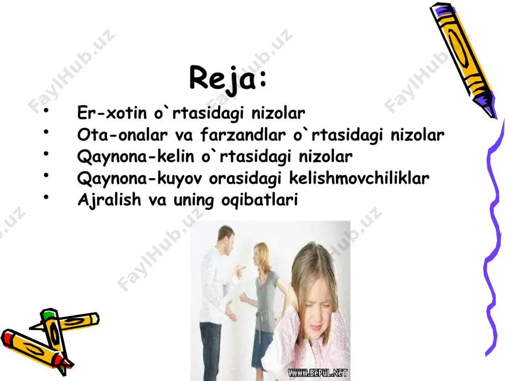 naga, qaynona-kelin munosabatlariga nisbatan salbiy tasavvur shakllangan bo`ladi. ayniqsa, yoshlar qaynonani oldindan faqat salbiy qiyofa sifatida tasavvur qiladilar. qaynona-kelinning dunyoqarashlari va uy-ro`zg`or tutishlari orasida kelishmovchilik paydo bo`ladi va keskinlashadi. ikki avlodning dunyoqarashi, hayotiy tamoyillari o`rtasida tafovut bo`lishi tabiiy holdir. shunday kelinlar bo`ladiki, ular na ovqat pishirishni, na kir yuvishni, na kattalar bilan muomala qilishni biladilar. kelin kelinligining birinchi kunidanoq hamma narsani kerakligicha bilishi va katta tajribaga ega bo`lgan qaynonasi darajasida turishi juda qiyin image1.jpeg image2.jpeg image3.jpeg image4.jpeg image5.jpeg image6.jpeg image7.jpeg image8.jpeg