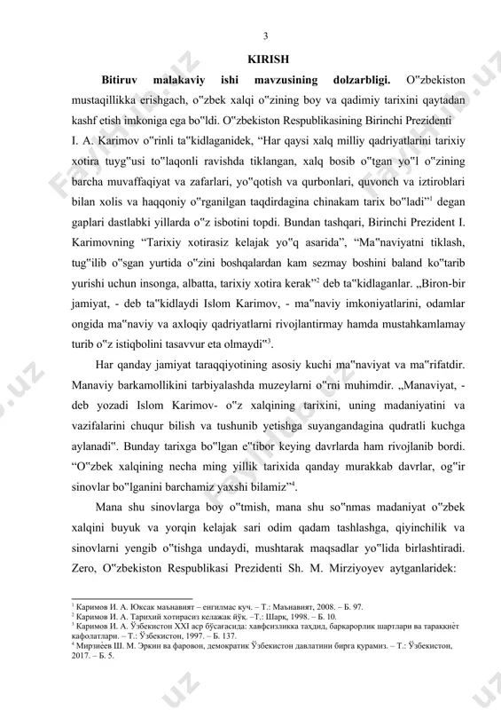 si vazirlar mahkamasining „respublika muzeylari faoliyatini yaxshilash chora-tadbirlari to‟g‟risida‟gi 1994- yil 23-dekabrdagi 618-sonli qarori, o‟zbekiston respublikasi birinchi prezidenti islom karimovning 1998-yil 12-yanvarda qabul qilingan “muzeylar faoliyatini tubdan yaxshilash va takomillashtirish to‟g‟risida”gi farmoni hamda o‟zbekiston respublikasining prezidenti sh. mirziyoyevning 2017-yil 31-maydagi “ma‟daniyat va san‟at sohasini yanada rivojlantirish va takomillashtirishga doir chora tadbirlar to‟g‟risida”gi pq-3022 sonli qarori va vazirlar mahkamasining 2017-yil 11-dekabrdagi “2017–2027-yillarda davlat muzeylari faoliyatini takomillashtirish va moddiy-texnik bazasini mustahkamlash bo‟yicha kompleks chora tadbirlar dasturini tasdiqlash to‟g‟risida”gi 975-sonli qarori va “muzeylar to‟g‟risida”gi o‟zbekiston respublikasi qonuni muzey ishida huquqiy-me‟yoriy asoslarini mustahkamlash va tub o‟zgarishlar yasash, yangilarini rivojlantirishda muhim omil bo‟lib xizmat qildi. sovet davrida yig‟ilgan tariximizga oid materillarni yoritishdagi ahamiyati va tariximizga bo‟lgan munosabatni to‟g‟ri tahlil etish va bu materiallarga tayangan holda tegishli xulosalar chiqarishdan iborat. bitiruv malakaviy ishi mavzusining o`rganilganlik darajasi. o‟rganilgan adabiyotlar tahlili shuni ko‟rsatadiki, farg‟ona viloyati muzeylari haqidagi qimmatli ma‟lumotlar g. p. ivanov “farg‟ona o‟lkashunosligi” kitobida farg‟ona viloyati tarixi …