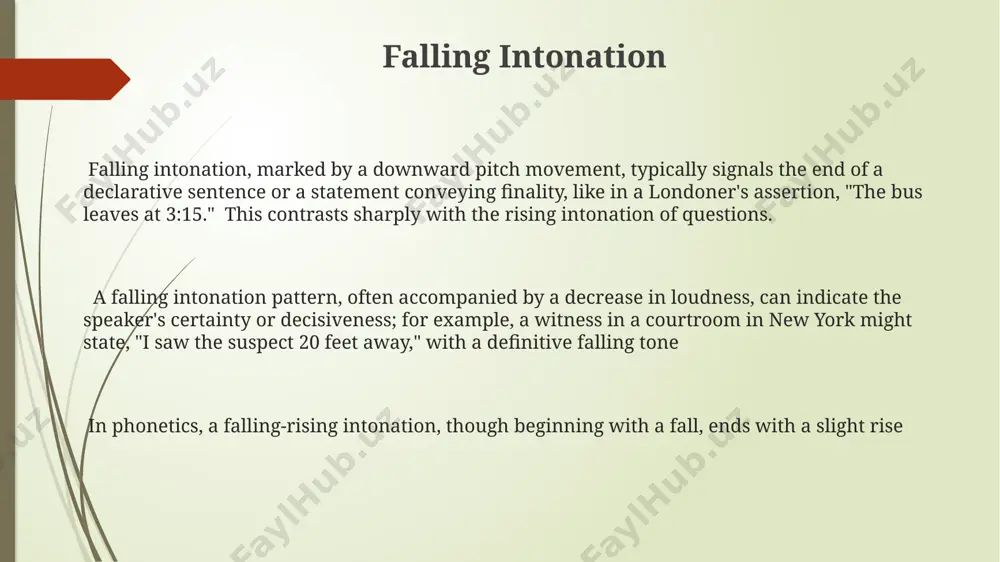 include pitch level (high, mid, low), pitch range (the overall variation in f0), and pitch direction (rising, falling, or level), affecting 3 core aspects of spoken communication: grammatical structure, emotional expression, and emphasis placement. intonation in different speech acts in british english, a falling intonation pattern, often ending around 250 hz, typically signals a statement of fact, whereas a rising intonation, peaking around 300 hz, is common in questions in american english, showcasing regional variations in phonetic expression. declarative sentences in australian english frequently exhibit a high-falling intonation contour, contrasting with the mid-falling intonation used to express statements in standard rp (received pronunciation) spoken in london, england, illustrating cultural influences. the use of a rising-falling intonation (often called a "fall-rise") in indirect questions, such as "could you pass the salt?", is prevalent in many dialects, demonstrating a complex interplay between syntax and intonation in achieving specific speech acts. fall-rise intonation …