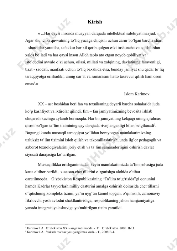 uz tillari bo‘yicha multimedia darsliklari, boshlang‘ich sinflarda ingliz tilini o‘rganish bo‘yicha elektron resurslar tayyorlandi, umumta’lim maktablarida, kasb-hunar kollejlari va akademik litseylarda 5 mingdan ko‘proq lingafon kabinetlari jihozlandi. shu bilan birga, chet tillarni o‘rganishni tashkil qilishning amaldagi tizimini tahlil etish shuni ko‘rsatmoqdaki, ta’lim standartlari, o‘quv dasturlari va darsliklar zamon talablariga, xususan, ilg‘or axborot va media-texnologiyalardan foydalanish borasidagi talabga to‘liq javob bermayapti. ta’lim asosan an’anaviy uslublarda olib borilmoqda. ta’lim tizimining barcha bosqichlarida chet tillarni uzluksiz o‘rganishni tashkil qilish, shuningdek, o‘qituvchilar malakasini oshirish hamda zamonaviy o‘quv-uslubiy materiallar bilan ta’minlash yanada takomillashtirilishini taqozo etadi. zamonaviy pedagogik va axborot-kommunikatsiya texnologiyalaridan foydalangan holda o‘qitishning ilg‘or uslublarini joriy etish yo‘li bilan, o‘sib kelayotgan yosh avlodni chet tillarga o‘qitish, shu tillarda erkin so‘zlasha oladigan mutaxassislarni tayyorlash tizimini tubdan takomillashtirish hamda buning negizida, ularning jahon sivilizatsiyasi yutuqlari hamda dunyo axborot resurslaridan keng ko‘lamda foydalanishlari, xalqaro hamkorlik va muloqotni rivojlantirishlari uchun shart-sharoit va imkoniyatlar yaratish maqsadida ko’plab ishlar olib borilmoqda. …