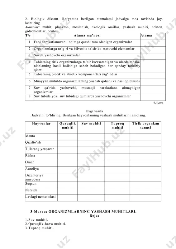 4. tirik organizmlar yashash muhiti sifatida. tayanch tushunchalar va atamalar:muhit, yashash muhiti, adaptatsiya, ckologik omillar, gidrobiontlar, gidrofitlar, plankton, nekton, bentos. tuproq muhiti, tirik organizmlar yashash muhiti sifatida, edafobiontlar,ektoparazitlar, endoparazitlar. har qanday tirik organizm tabiatda muayyan yashash muhitiga ega va muhit ularga doimiy ravishda ta’sir etadi. organizm, populatsiya yoki tur yashaydigan, ularga bevosita yoki bilvosita ta’sir etadigan, muhitning biotik va abiotik sharoitlarining majmuasi yashash muhiti deb ataladi. yashash muhiti tirik organizm bilan uning butun hayoti davomida o‘zaro munosabatda bo’ladigan tabiatning bir qismi hisoblanadi. har bir tirik organizmning yashash muhiti tabiatning biotik va abiotik tarkibiy qismlari- komponentidan tarkib topadi. ekologiyada tabiatning biotik va abiotik komponentlari omillar deyiladi. tabiatning tirik organizmlarga ta’sir ko‘rsatadigan va ularda moslanish reaksiyalari- adaptatsiyalarning hosil bo’lishiga sabab bo’ladigan har qanday tarkibiy qismi yoki komponenti ekologik omillar deb ataladi. shunday qilib, muhit tirik organizmlarni o‘rab turuvchi va ularga bcvosita yoki bilvosita ta’sir etuvchi omillar yigindisidir. organizmlar muhitdan hayotiy jarayonlar uchun …