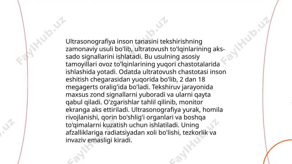 ltratovush homila holati, vazni va boshqa muhim ko‘rsatkichlarni tekshirish uchun ishlatiladi. ushbu tekshiruvlar homiladorlik davomida muammolarni erta aniqlashga yordam beradi. ... t.me/slaydai_bot 12 haftalik egizaklardagi ultratovush tekshiruvi homiladorlikni tasdiqlash va homilalarning rivojlanishini baholash uchun muhim bosqichdir. bu davrda homilalar odatda taxminan 5-6 sentimetr uzunlikda bo'ladi. ultrasonografiyada egizaklarning yurak urishlari eshitilishi mumkin, bu norma bo'yicha daqiqada 110-160 urishni tashkil qiladi. shuningdek, ultratovush yordamida chaqaloqlarni amniotik xaltachalarda ajratib ko'rish mumkin. bu tekshirish shuningdek, egizaklarning mono yoki diyamniotik ekanligini aniqlashga yordam beradi, bu esa yondashuv va parvarish rejasini belgilaydi. 12 haftalik ultratovushda homiladorlik oyligi va tug'ruqning taxminiy sanasini aniqroq belgilash ham mumkin. prenatal ultratovush va homilani kuzatish ro'ziqulova nodirabegim e'tiboringiz uchun raxmat! image1.png image2.png image3.png image4.jpg image5.png image6.jfif image7.jfif image8.jpg /docprops/thumbnail.jpeg