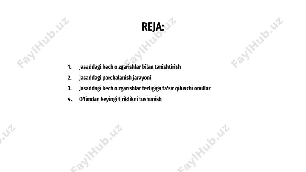 a ta'sir qiladi. yuqori namlik to'qimalarning parchalanishini tezlashtirishi mumkin, past namlik esa mikroblarning faolligini inhibe qilishi va parchalanishni sekinlashtirishi mumkin. o'limdan keyingi jonlilik, shuningdek, livor o'lik deb ham ataladi, o'limdan keyin qonning tananing eng pastki qismlariga joylashishi natijasida yuzaga keladigan terining rangi o'zgarishi. 01 o'limdan keyingi jonlilikni tushunish sud-tibbiyot ekspertlariga o'lim vaqtini va o'lim vaqtida tananing holatini aniqlashga yordam beradi. 02 o'limdan keyingi o'lim tufayli murdadagi kech o'zgarishlar sud-tibbiyot tekshiruvlarida muhim ma'lumotlarni taqdim etishi va o'limga olib keladigan voqealar vaqtini belgilashga yordam beradi. 03 o'limdan keyingi tiriklikni tushunish jasaddagi kechki o'zgarishlar asosida o'lim vaqtini hisoblash jasaddagi kech o'zgarishlar, masalan, rigor mortis va livor mortis, o'lim vaqtini taxmin qilishga yordam beradi. bu o'zgarishlar o'limdan bir necha soat o'tgach sodir bo'ladi va oldindan aytib bo'ladigan tarzda rivojlanadi. 02 rigor mortis - o'limdan keyin mushaklarning qattiqlashishi, bir necha soat ichida boshlanib, o'limdan keyin 12 soat ichida eng yuqori cho'qqisiga etadi. livor mortis - …