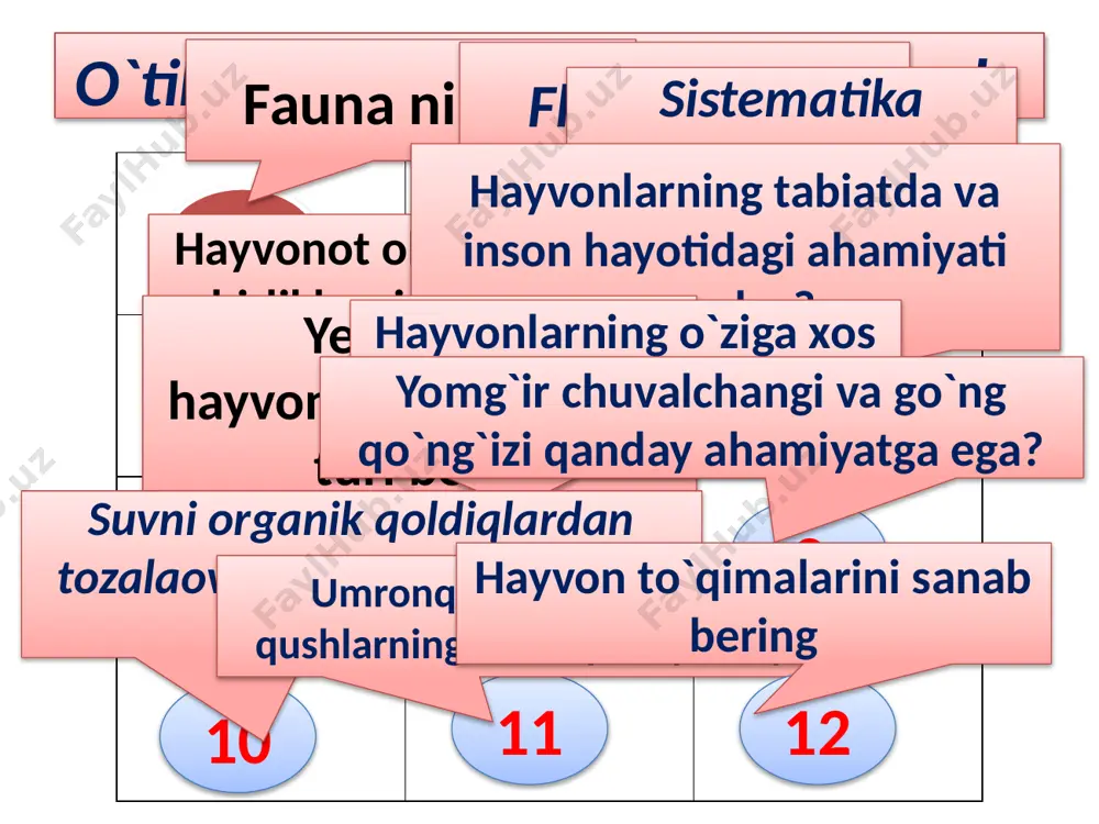 . ayrim parazit vakillarida hazm tizimi yo‘qolib ketgan, chunki ular tayyor oziqni so‘rib oladi. oq planariya chuchuk suvda erkin yashaydi. jigar qurti va qoramol tasmasimon chuvalchangi boshqa organizm tanasida parazitlik qiladi. umurtqasiz hayvonlar (to`garak chuvalchanglar). to‘garak chuvalchanglar ko‘ndalang kesmasi yumaloq shaklda. tashqi tomondan pishiq qobiq - kutikula bilan qoplangan. suyuqlik bilan to‘lgan tana bo‘shlig‘iga ega. askarida odamning ichki organlarida, rishta oyoq terisida, bo‘rtma nematoda esa o‘simlikda parazitlik qiladi. umurtqasiz hayvonlar (halqali chuvalchanglar). halqali chuvalchanglar tanasi bo‘g‘imlarga bo‘lingan. halqali chuvalchanglarda qon aylanish sistemasi mavjud. yomg‘ir chuvalchangi o‘simlik chirindilari bilan oziqlanib, tuproq hosil bo‘lishida ishtirok etadi. chuvalchang qazigan in tuproqqa havo kirishini ta’minlaydi. nereida ikki yon tomonda joylashgan uzun tuklarga ega. bu tuklar suv tubida harakatlanishga yordam beradigan dastlabki oyoqlar hisoblanadi. tibbiyot zulugidan qon tomir kasalliklarini davolashda foydalaniladi. zuluk og‘zidan ajralgan suyuqlik qonni suyultirib beradi. molyuskalar tipi mollyuskalar ko‘pchilik vakillari 3 qavatli chig‘anoqqa ega. chig‘anoq tashqi - organik, o‘ rta - ohakli, …