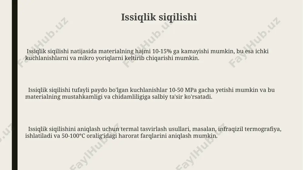 o bo'ladi, bu esa materialning chidamlilik chegarasini pasaytiradi va umrini qisqartiradi. siqilishning kuchli ta'siri natijasida materialning 20% gacha bo'lgan qismi deformatsiyaga uchraydi, bu esa uning mustahkamlik xususiyatlarini sezilarli darajada pasaytiradi va yoriqlar paydo bo'lishiga olib keladi. siqilish kuchlari 50 mpa dan oshganda, mo'rt sinish ehtimoli keskin ortadi, bu esa konstruktiv elementlarning to'satdan buzilishiga olib kelishi mumkin. nurlanish siqilishi nurlanish siqilishining kattaligi nurlanish dozasi, materialning tuzilishi va harorati kabi omillarga bog'liq bo'lib, taxminan 0.1% gacha yetishi mumkin. siqilishning oldini olish va kamaytirish uchun, nurlanishga chidamli maxsus qotishmalar, masalan, 316l zanglamaydigan poʻlat yoki maxsus alyuminiy qotishmalari qo'llaniladi. nurlanish siqilishi, yadro reaktori yadro yoqilgʻisida 10 14 neytron/sm² ga yaqin neytron oqimiga ta’sir qilganda hosil boʻladigan muhim mexanik stress turidir. siqilishning o'lchov usullari siqilish darajasini aniqlashda, digital görüntü işleme texnologiyalari qo'llaniladi. bu texnologiya 0.01 mm gacha aniqlik bilan siqilish miqdorini aniqlaydi, natijada stress hisobi uchun kerakli ma'lumotlar olinadi. siqilish kuchini o'lchashda, yuzaki sensorlar yordamida …