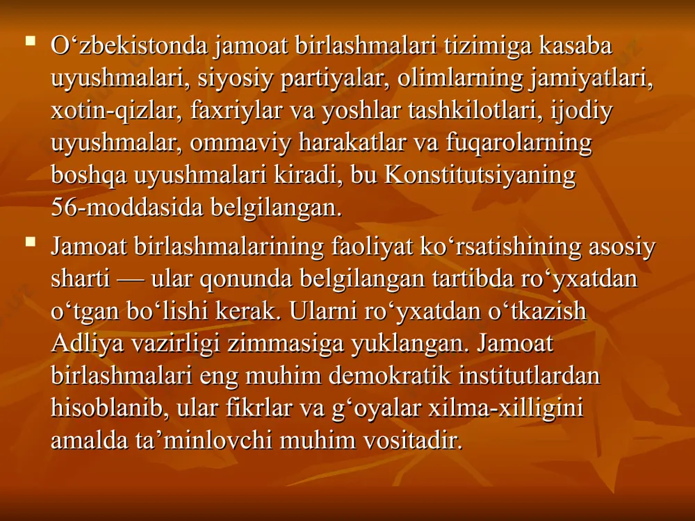 i bayon etib, manfaatlarni to‘la himoya qilsa, davlat o‘zining ayrim funk siyalarini ularga o‘tkazib, muhim masalalarni hal qilishga o‘z e’tiborini yanada kuchaytiradi. ya’ni jamiyatni boshqarishda jamoat birlashmalariga tayanadi. davlat jamoat birlashmalarining faoliyatiga yordam berib, ular bilan to‘g‘ri va samarali munosabat o‘rnata olsa, taraqqiyot tezlashadi, farovon turmush yaratiladi. shu bilan birga, davlatning nazorati jamoat birlashmalari faoliyatiga ularning ishiga bevosita aralashmagan holda o‘rnatiladi (konstitutsiyaning 58-moddasi). jamoat birlashmalari kishilarni siyosiy qarashlari (siyosiy partiyalar), faoliyati yo‘nalishiga (kasaba uyushmalari), jinsiga (xotin-qizlar qo‘mitalari), yoshiga («yoshlar ittifoqi»), qobiliyati, kasbiga (yozuvchilar, arxitektorlar uyushmalari) qarab turlarga bo‘linadi. bu konstitutsiyaning 56-moddasida quyidagicha mustahkamlab qo‘yilgan: «o‘zbekiston respublikasida qonunda belgilangan tartibda ro‘yxatdan o‘tkazilgan kasaba uyushmalari, siyosiy partiyalar, olimlarning jamiyatlari, xotin-qizlar, faxriylar va yoshlar tashkilotlari, ijodiy uyushmalar, ommaviy harakatlar va fuqarolarning uyushmalari jamoat birlashmalari sifatida e’tirof etiladi». hozirgi kunda o‘zbekistonda to‘rt siyosiy partiya va ko‘plab boshqa jamoat birlashmalari mavjud va ular qonuniy ravishda jamoat birlashmalari sifatida e’tirof etilgan. jamoat birlashmalarining faoliyati turli qonunlar, …