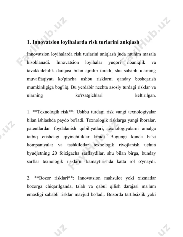 lar va strategiyalarni qo'llash muhim rol o'ynaydi. 2. risklarni boshqarishning asosiy metodlari risklarni boshqarish muhim biznes jarayoni bo‘lib, u korxonalar va tashkilotlarga noaniqliklardan kelib chiqadigan imkoniyat va qarama-qarshiliklarni boshqarishga imkon beradi. mana bu jarayonni amalga oshirishda qo‘llaniladigan asosiy metodlar: 1. risklardan qochish (avoidance): bu metod biror xavf-xatardan butunlay qochishni ko‘zda tutadi. korxonalar xavfli bo‘lgan faoliyat yoki loyihalardan voz kechish orqali noaniqliklarni kamaytirishga erishadilar. masalan, teksa sohada o‘z harajatlarini qisqartirishi mumkin bo‘lgan xatarli biznesga kirishni rad etish. 2. riskni kamaytirish (reduction): bu usul xavfni kamaytirish choralarini ko‘rishga qaratilgan. bunda korxonalar xavfni keltirib chiqarishi mumkin bo‘lgan sabablar va sharoitlarni o‘rganib, ehtimoliy zararlar miqdorini kamaytirish chora-tadbirlarini amalga oshiradilar. masalan, texnologik modernizatsiya orqali ishlab chiqarish jarayonining xavfsizligini oshirish mumkin. 3. riskni uzatish (transfer): ushbu strategiya orqali riskni boshqa tomonlarga uzatish ko‘zda tutiladi. bu asosan sug‘urta shartnomalari orqali amalga oshiriladi, ya’ni korxonalar ularning ko‘p miqdorda zarar ko‘rish ehtimolini sug‘urta kompaniyasiga topshiradilar. sug‘urta bu borada eng …