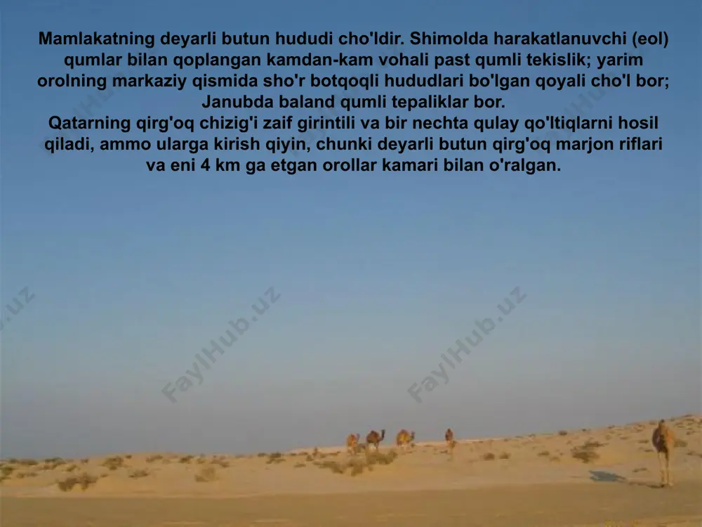 hkil qiladi. qatar aholi jon boshiga to‘g‘ri keladigan yalpi ichki mahsulot bo‘yicha ikkinchi o‘rinda turadi. 2008 yilda bu mamlakatda bir kishiga 103,5 ming dollar to‘g‘ri kelgan. qatarning iqtisodiy siyosati hozirda noenergetika sektoriga xususiy va xorijiy sarmoyalarni ko‘paytirishga qaratilgan. yaim tarkibida (2008 y.): sanoat (79,4%), xizmat koʻrsatish sohasi yalpi ichki mahsulotning 20,5%, qishloq xoʻjaligi 0,1% ni tashkil qiladi. neftni qayta ishlash, neft-kimyo, kimyo va metallurgiya sanoati rivojlangan (umm saiddagi yirik poʻlatsozlik majmuasi import qilingan xom ashyo asosida ishlaydi). qishloq xoʻjaligi: kam rivojlangan va mamlakatning oziq-ovqatga boʻlgan ehtiyojining atigi 10%ini qondiradi. qishloq xoʻjaligi vohalarda (xurmochilik, sabzavotchilik va bogʻdorchilik) jamlangan. chorvachilik bilan tuya, qoʻy va echki boqadigan koʻchmanchi va yarim koʻchmanchi qabilalar shugʻullanadi. 2008 yilda eksport — 55 milliard dollar: suyultirilgan gaz, neft mahsulotlari, o‘g‘itlar, po‘lat. asosiy xaridorlar yaponiya 40,8%, janubiy koreya 16,3%, singapur 11,8%, tailand 4,6%, hindiston 4,4%. 2008 yilda import qilingan — 21,2 milliard dollar: mashina va uskunalar, transport vositalari, oziq-ovqat, …
